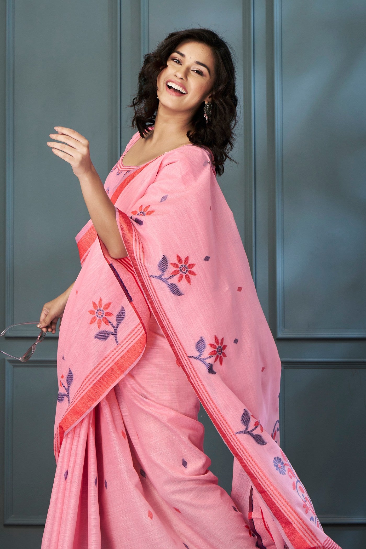 Buy MySilkLove Wewak Pink Handloom Linen Saree Online