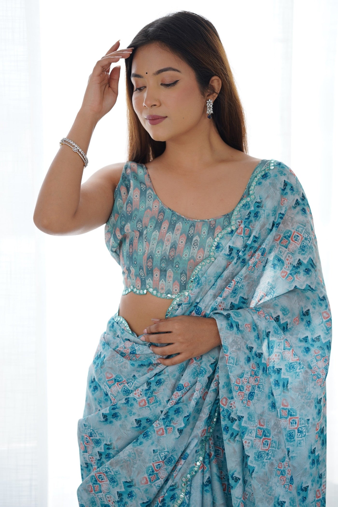 MySilkLove River Blue Digital Printed Chinon Saree