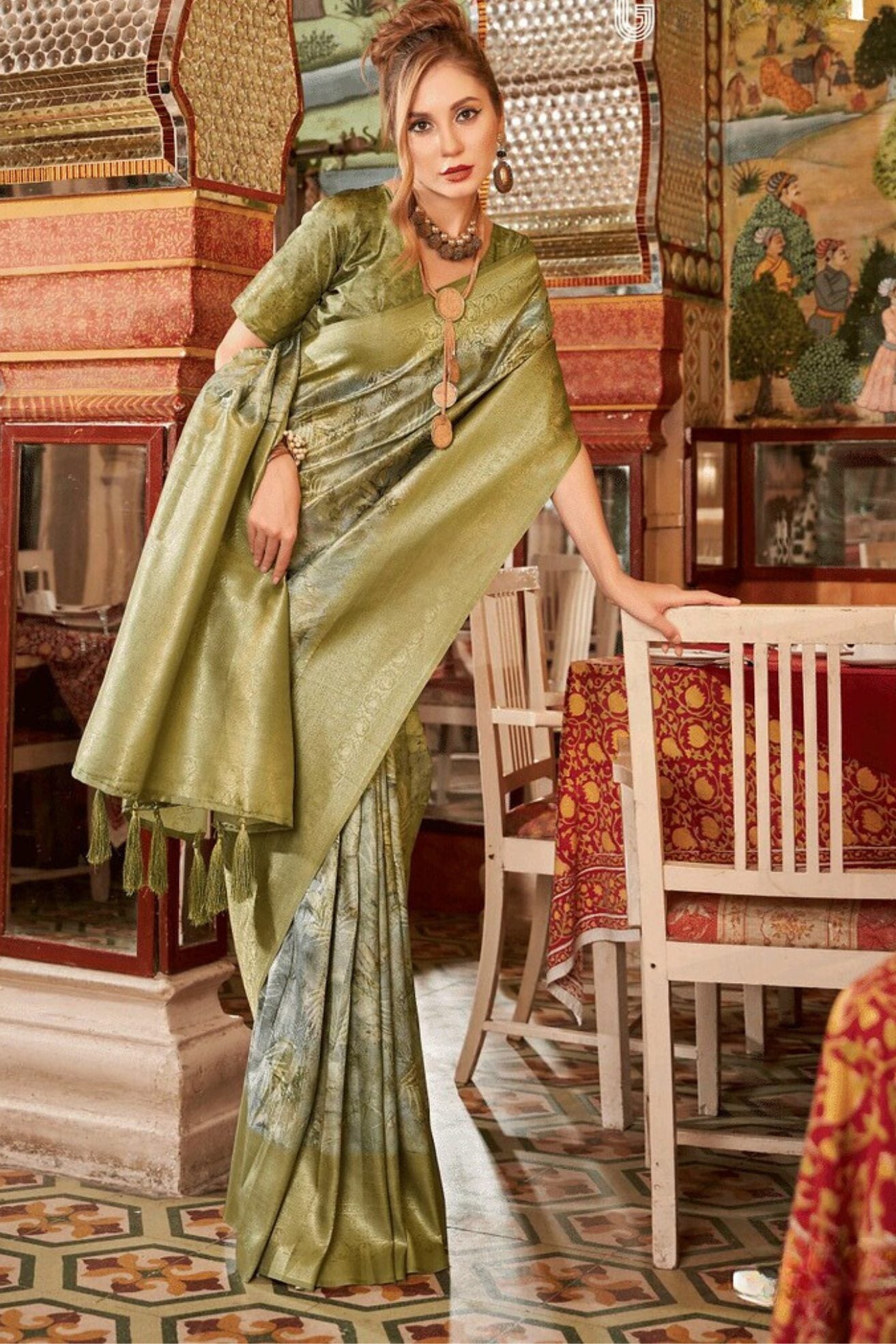 Buy MySilkLove Costa Del Sol Green Banarasi Digital Printed Saree Online