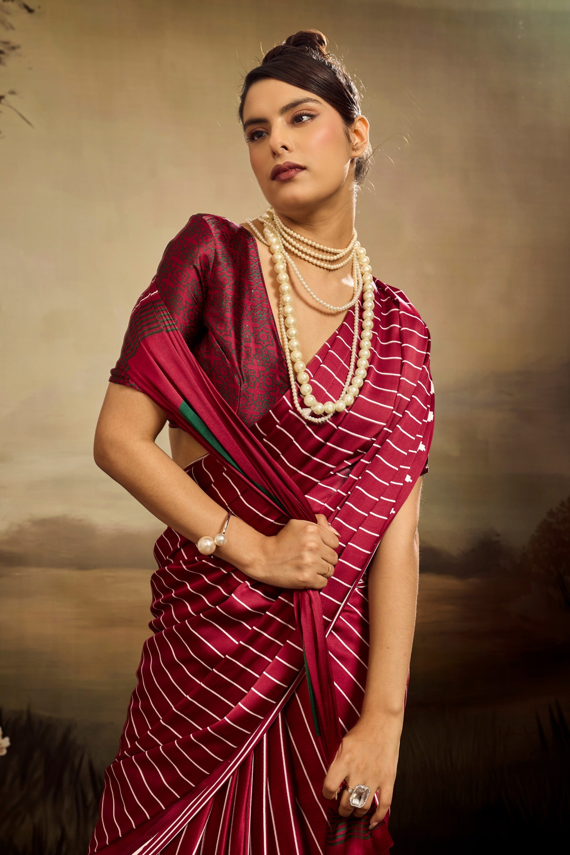 MySilkLove Falun Red Ajrakh Printed Satin Crepe Silk Saree