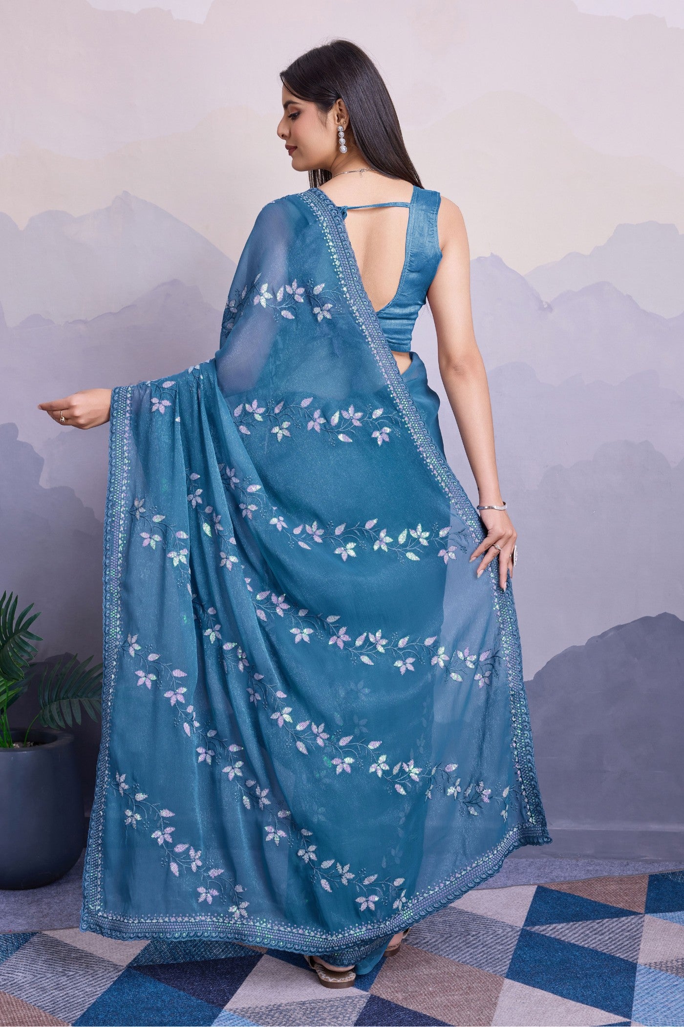 Buy MySilkLove Celadon Blue Embroidered Designer Chiffon Saree Online