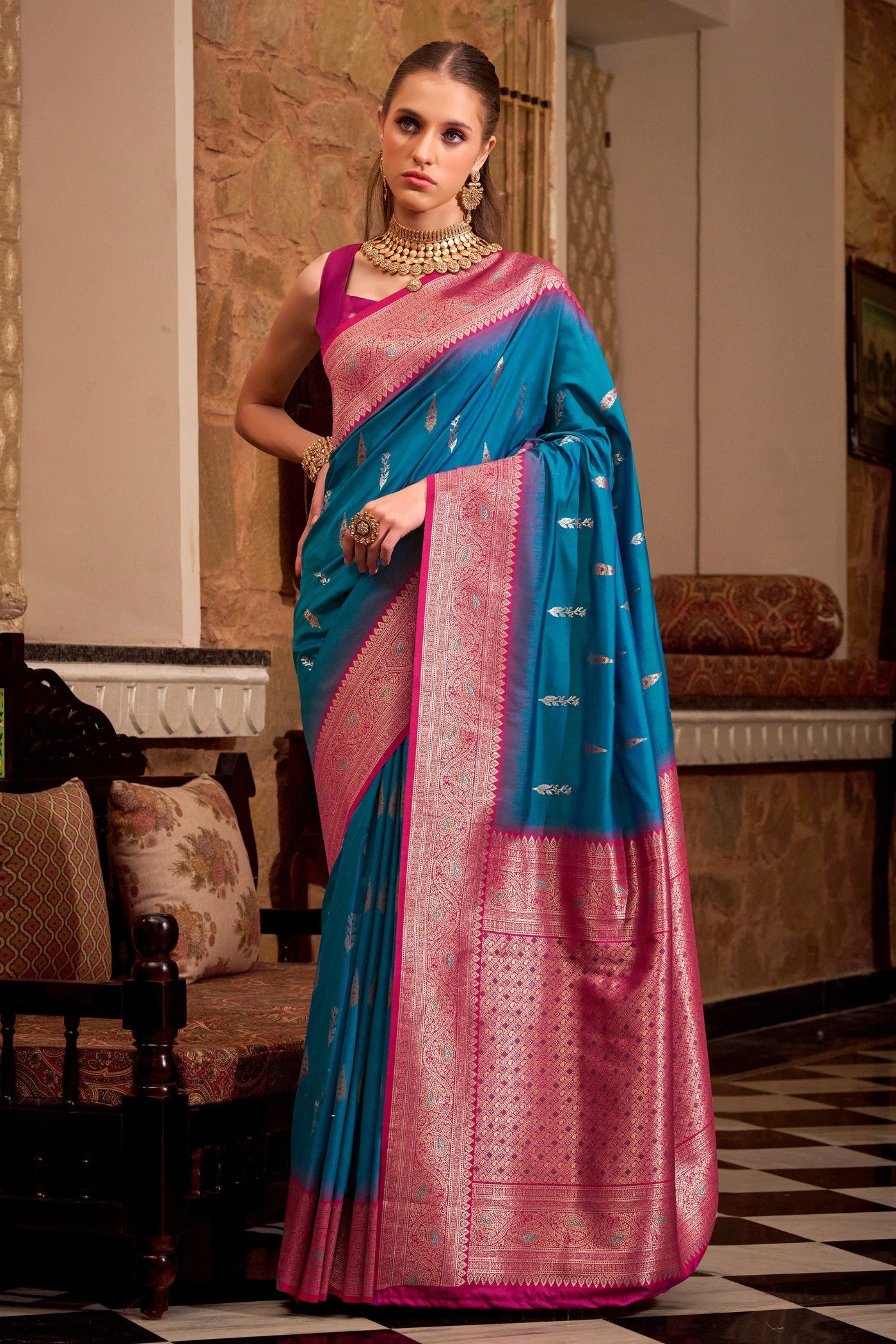 Buy MySilkLove Neon Blue Woven Banarsi Saree Online