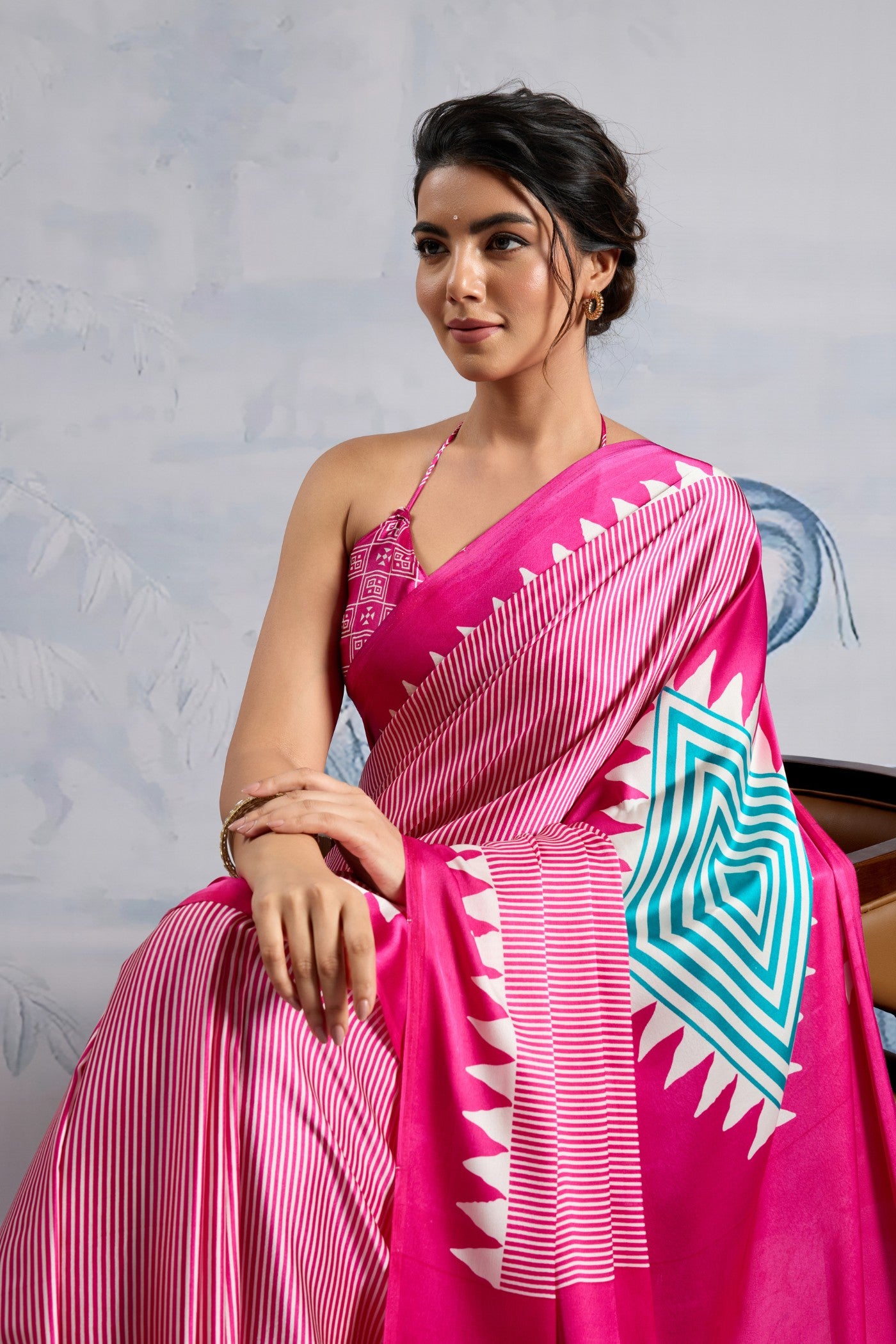 MySilkLove Erica Pink Stripe Ajrakh Printed Satin Crepe Silk Saree