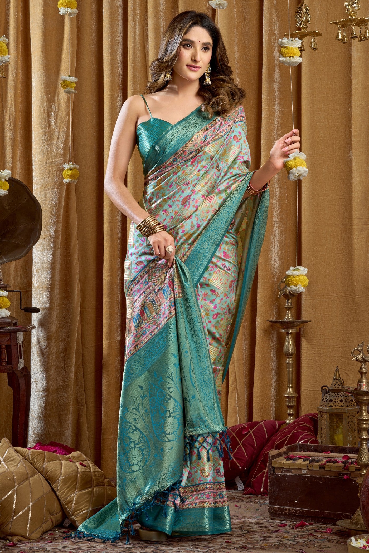 Buy MySilkLove France Blue Digital Printed Banarasi Saree Online