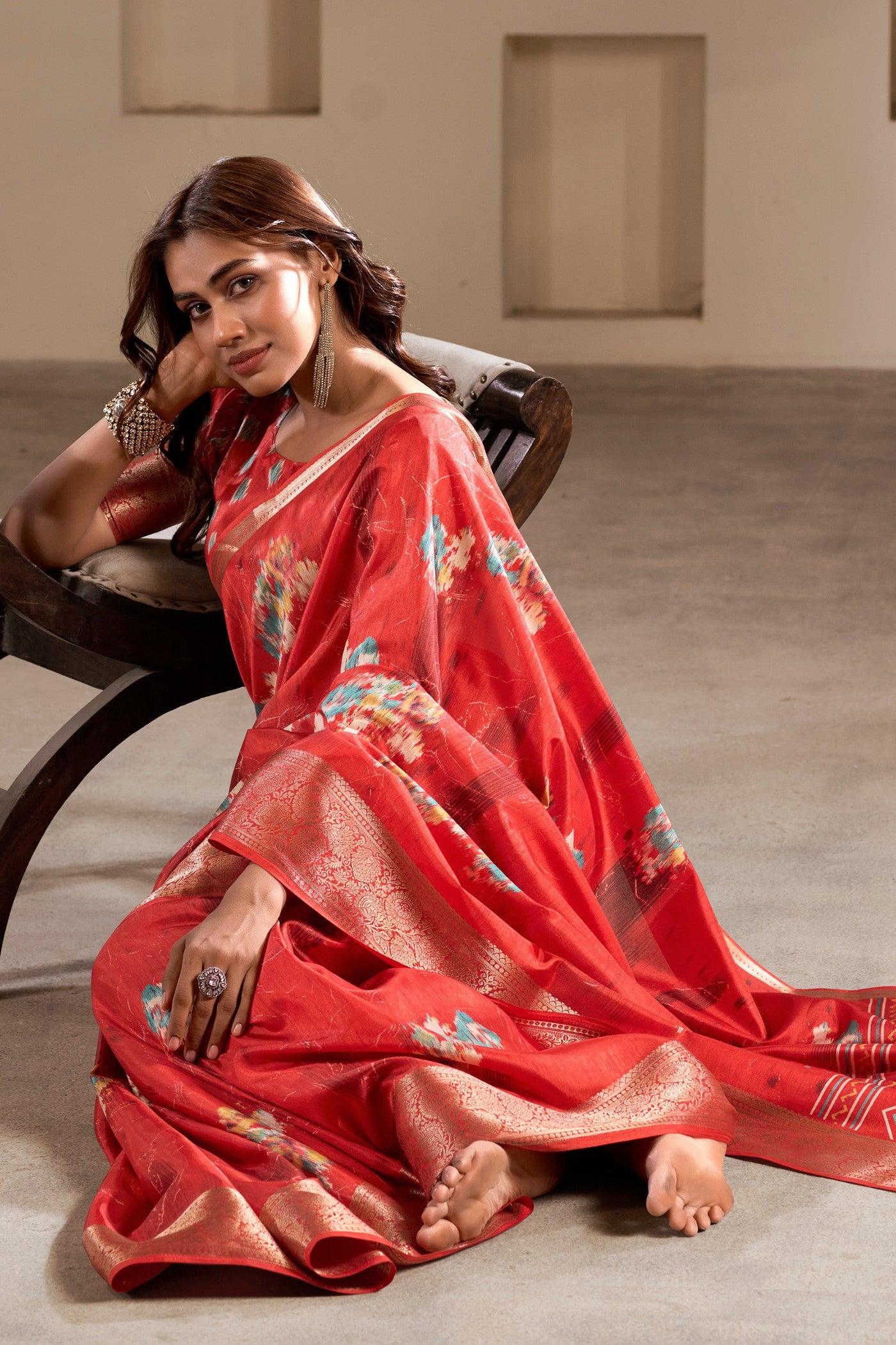 Buy MySilkLove Tamrillo Red Printed Soft Dola Silk Saree Online