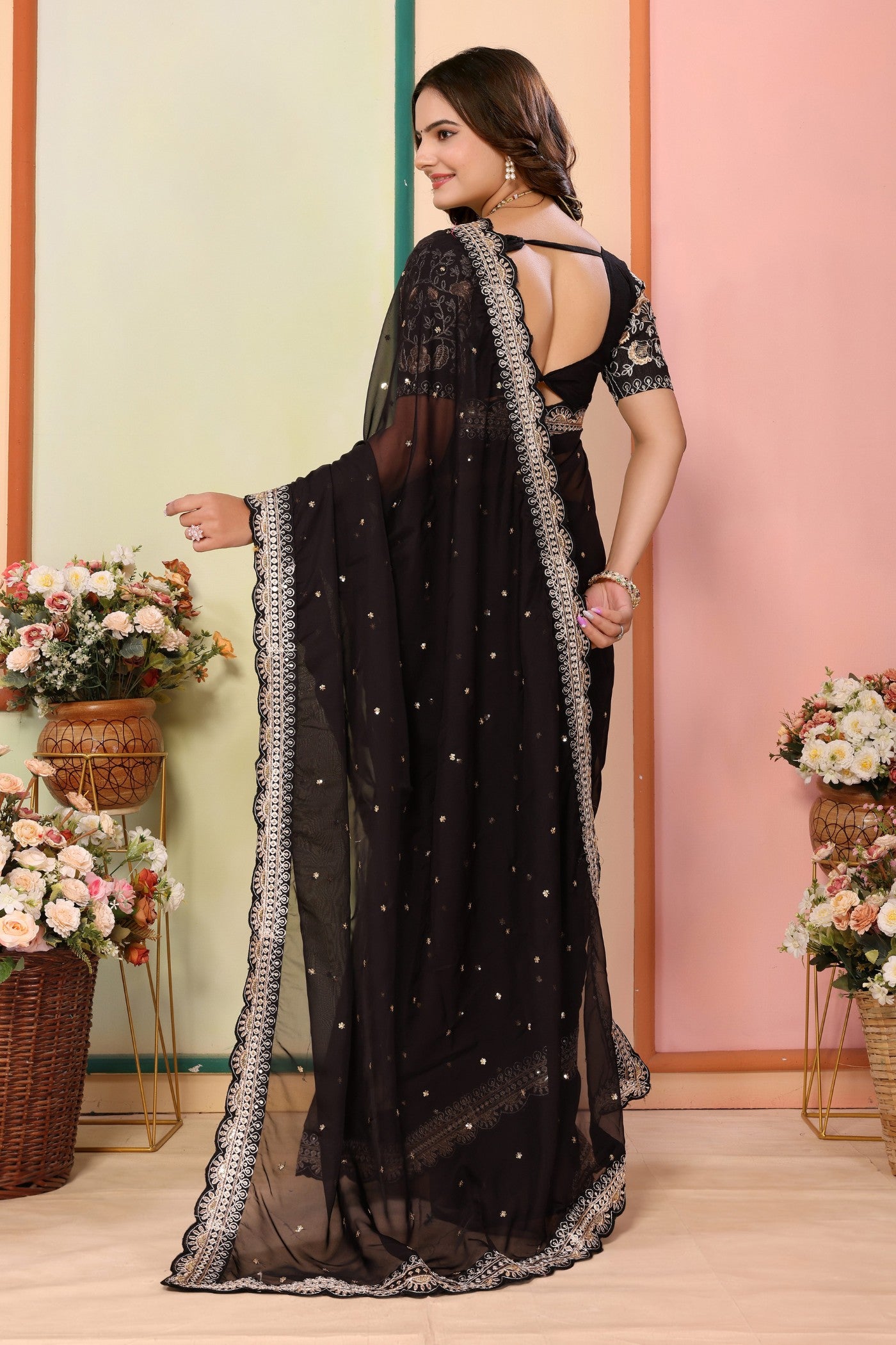 Buy MySilkLove Metal Black Organza Designer Partywear Saree Online