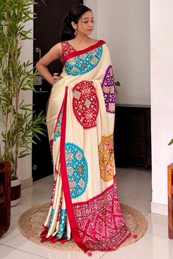 Buy MySilkLove Biscuit Cream and Red Modal Ajrakh Satin Printed Mirror Work Saree Online