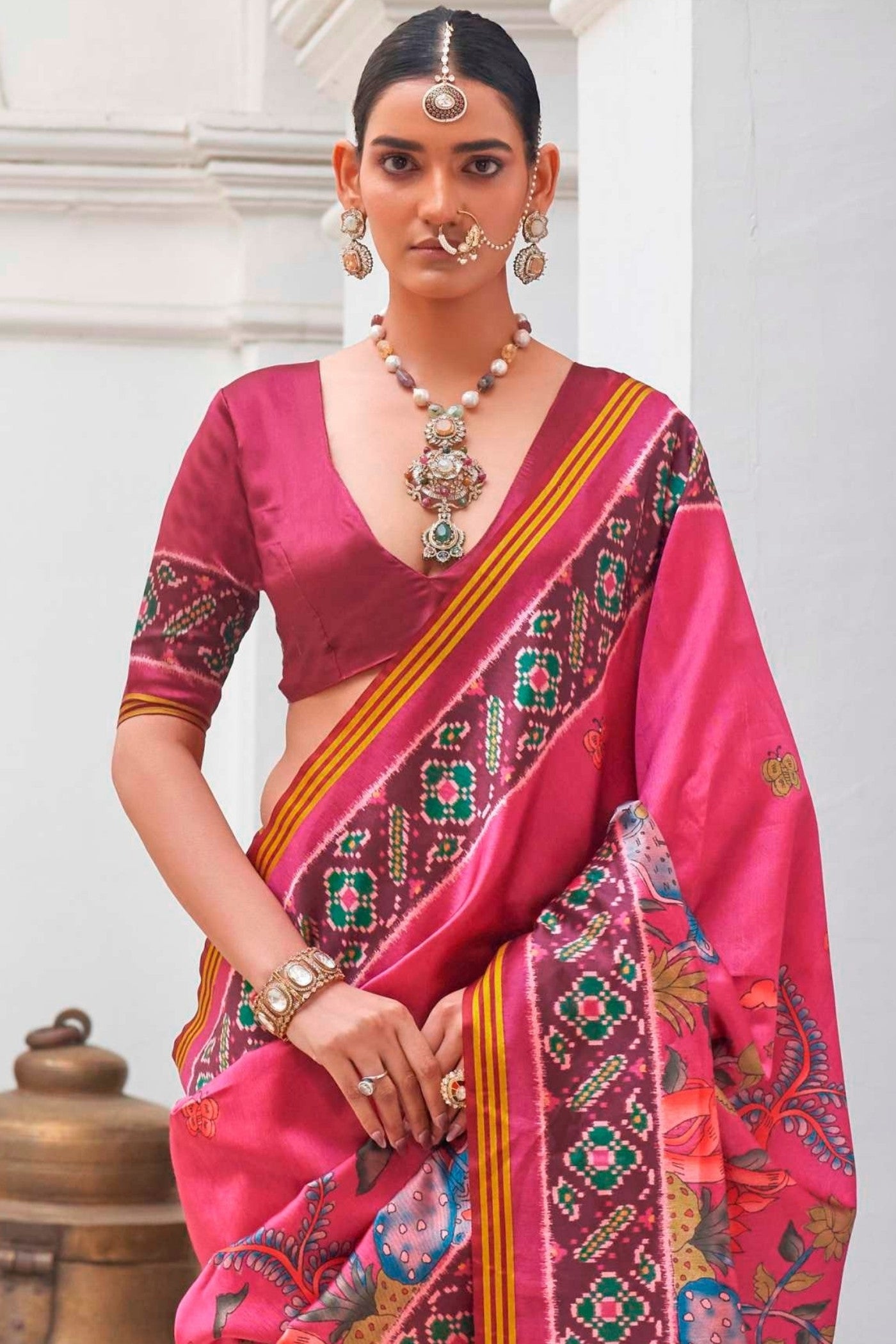 Buy MySilkLove Bubblegum Pink Printed Patola Saree Online