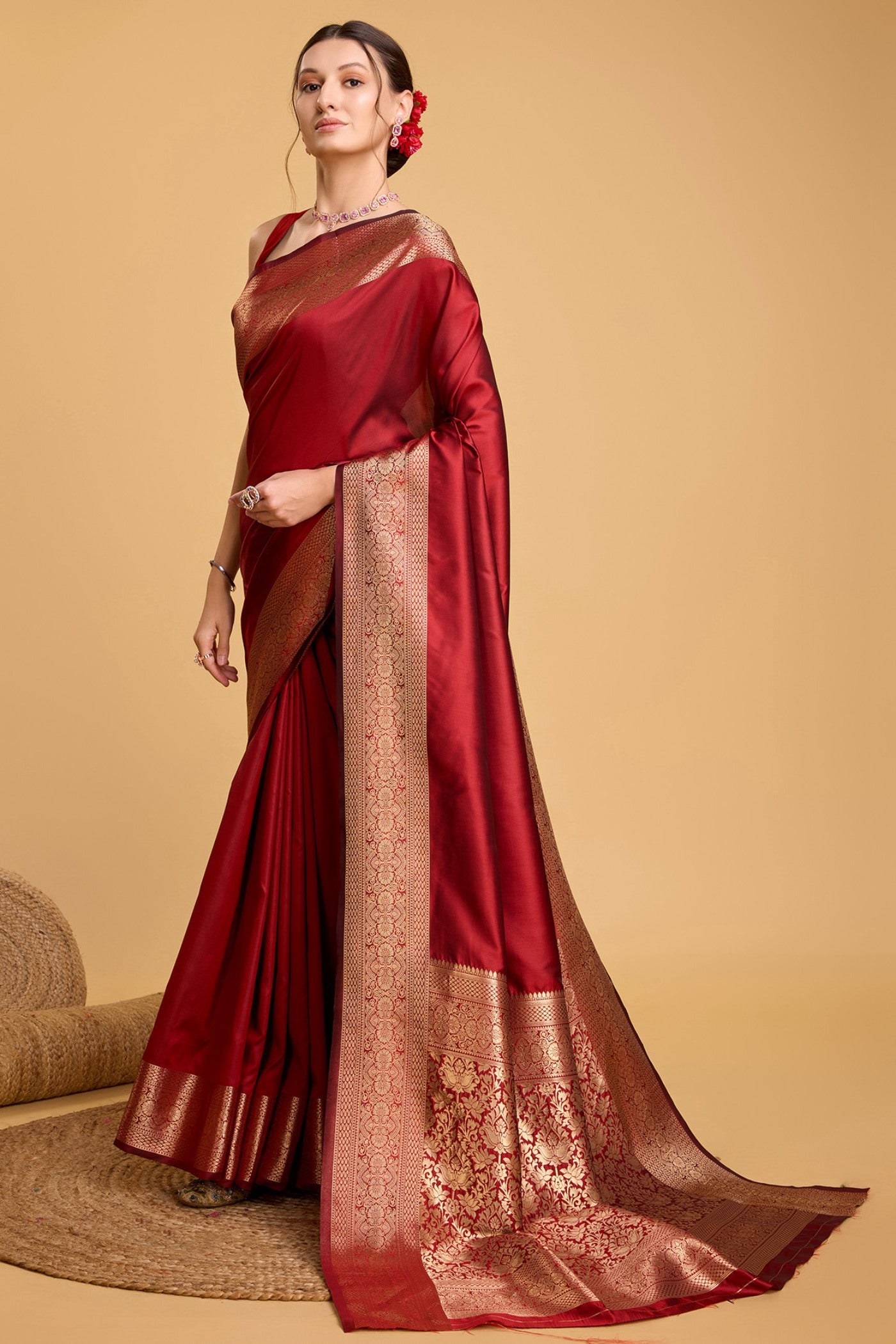 Buy MySilkLove Brick Maroon Woven Banarasi Saree Online