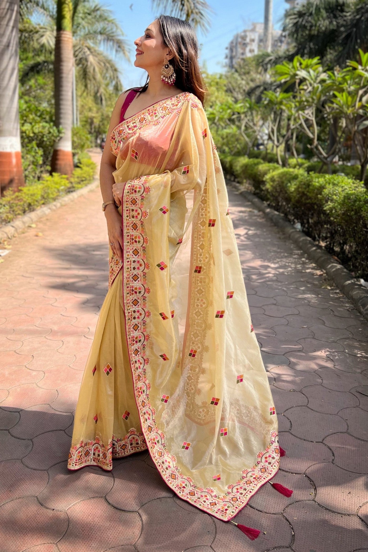 Buy MySilkLove Blonde Yellow Embroidered Tissue Silk Saree Online