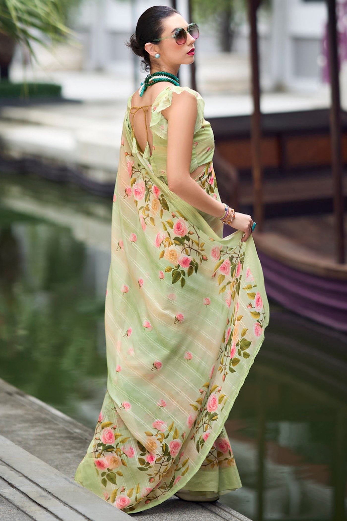 Buy MySilkLove Tana Green Chiffon Silk Saree Online