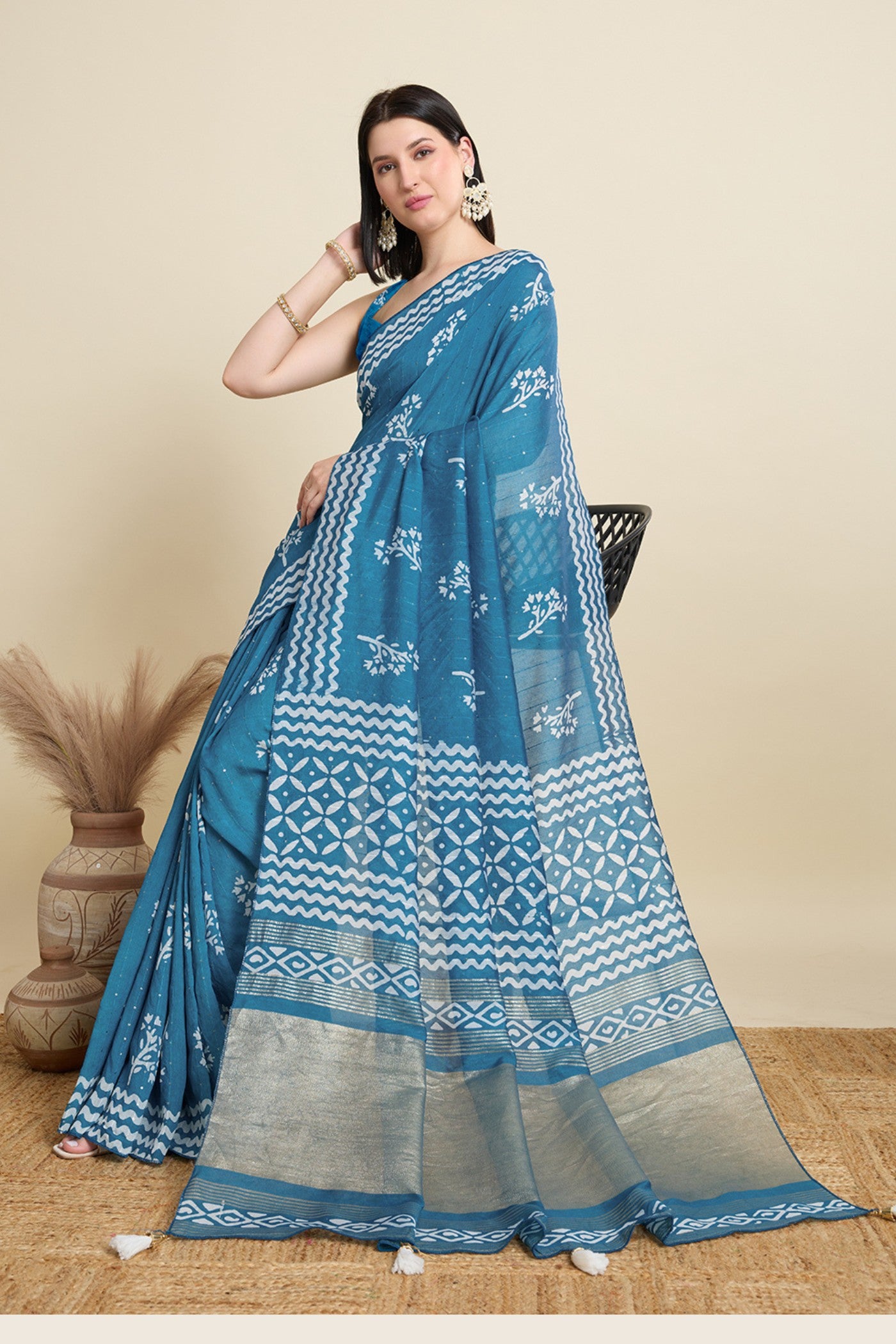 Buy MySilkLove Twin Blue Woven Cotton Silk Saree Online