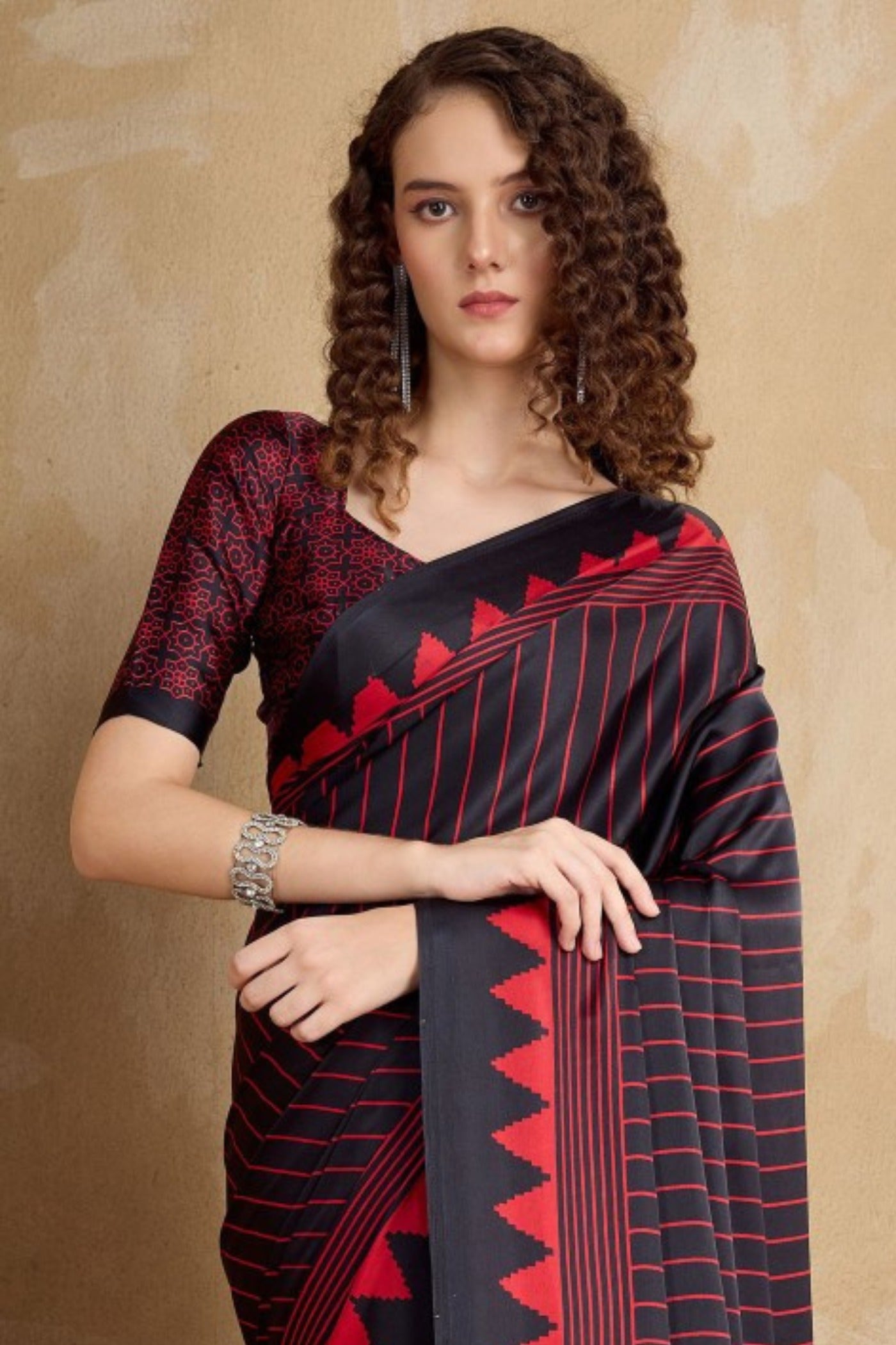 Buy MySilkLove Retro Black Ajrakh Printed Satin Crepe Silk Saree Online