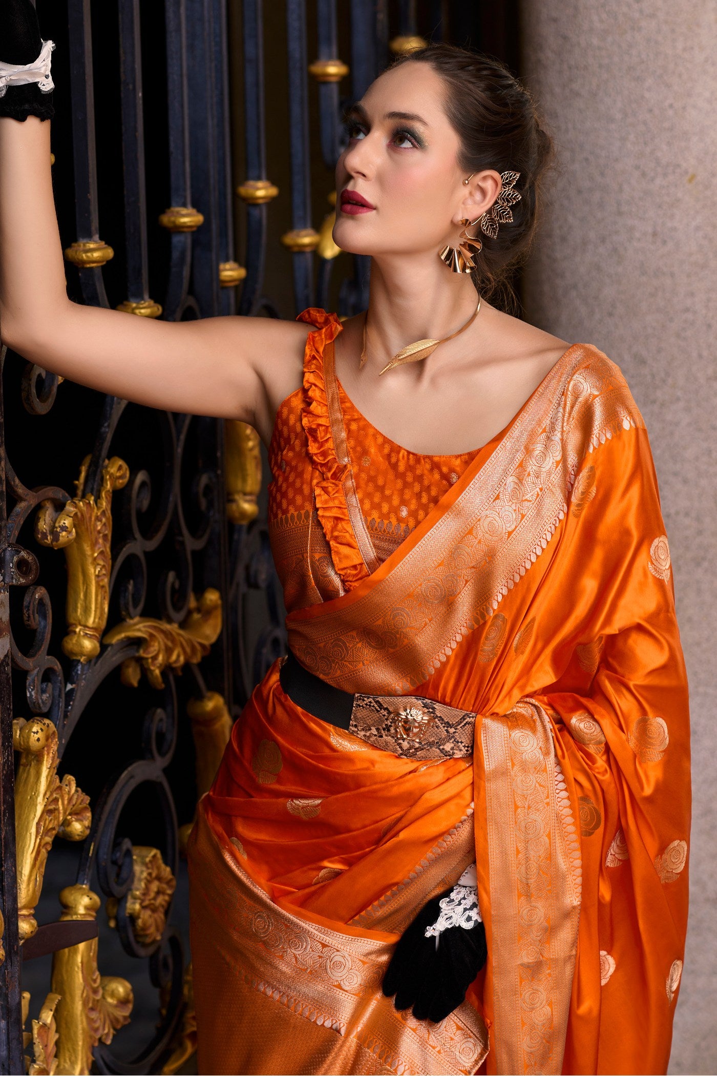 Buy MySilkLove Tia Maria Orange Handloom Satin Banarasi Saree Online