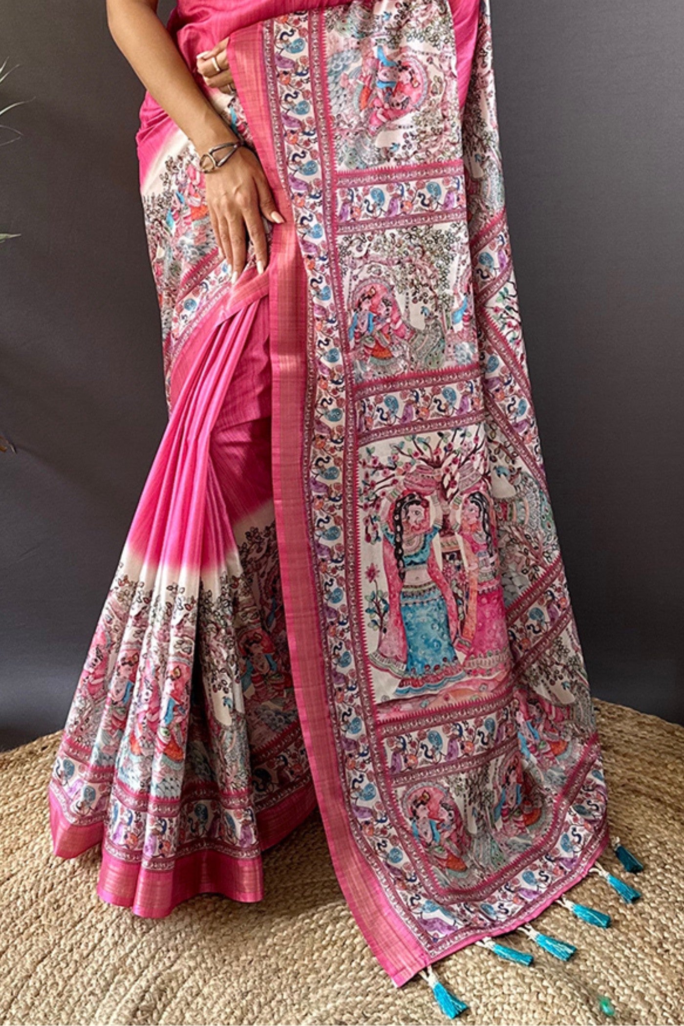 Buy MySilkLove Mystic Pearl Pink Madhubani Printed Tussar Silk Saree Online