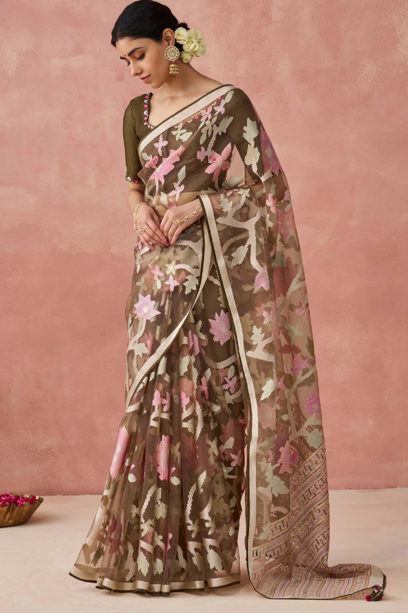 Buy MySilkLove Shingle Fawn Brown Brasso Organza Printed Saree Online