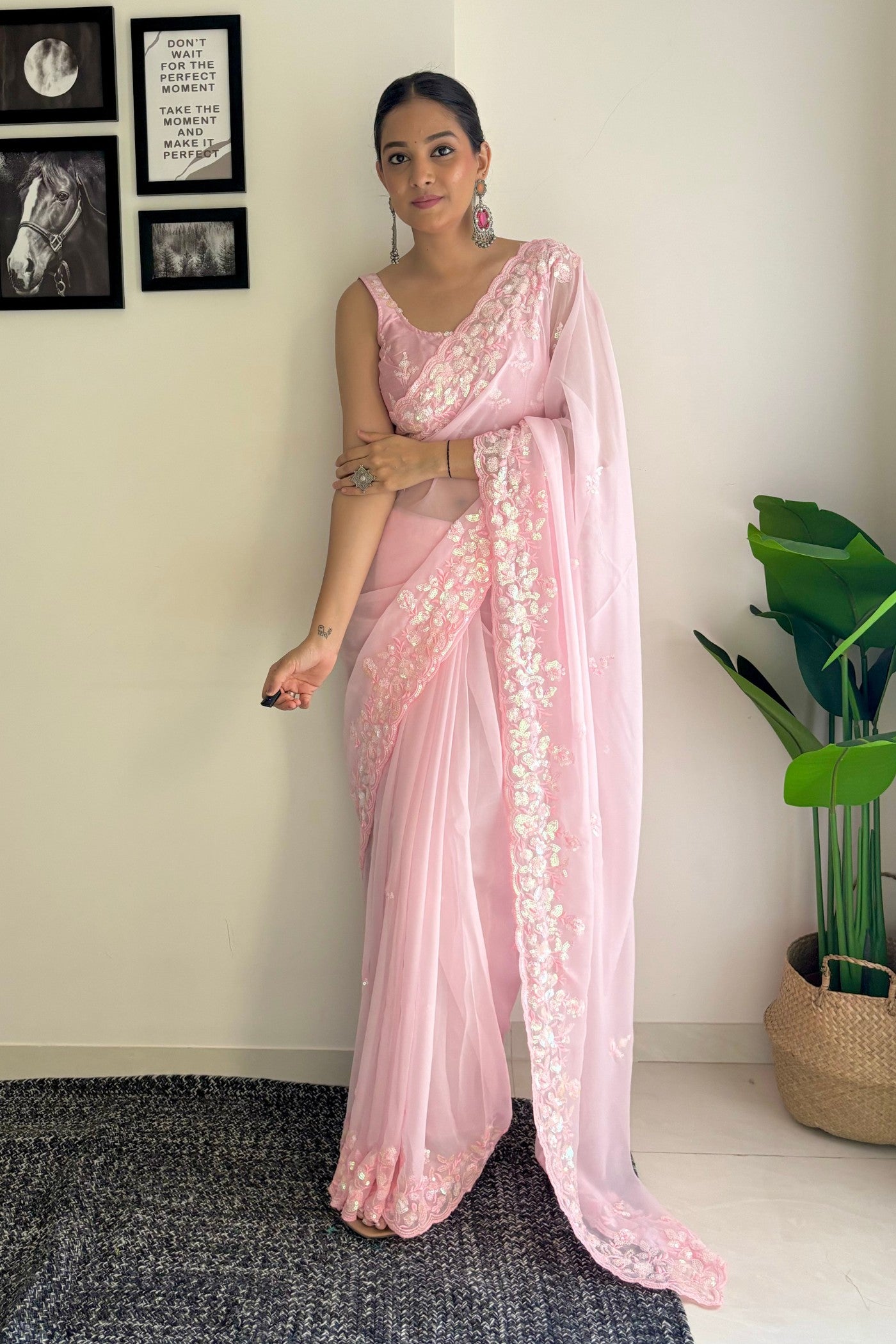 Buy MySilkLove Rose Fog Pink Embroidery Georgette saree Online