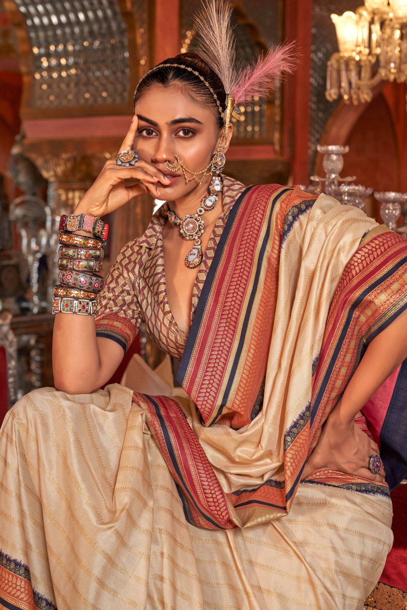 Buy MySilkLove Butter Cream Printed Patola Saree Online