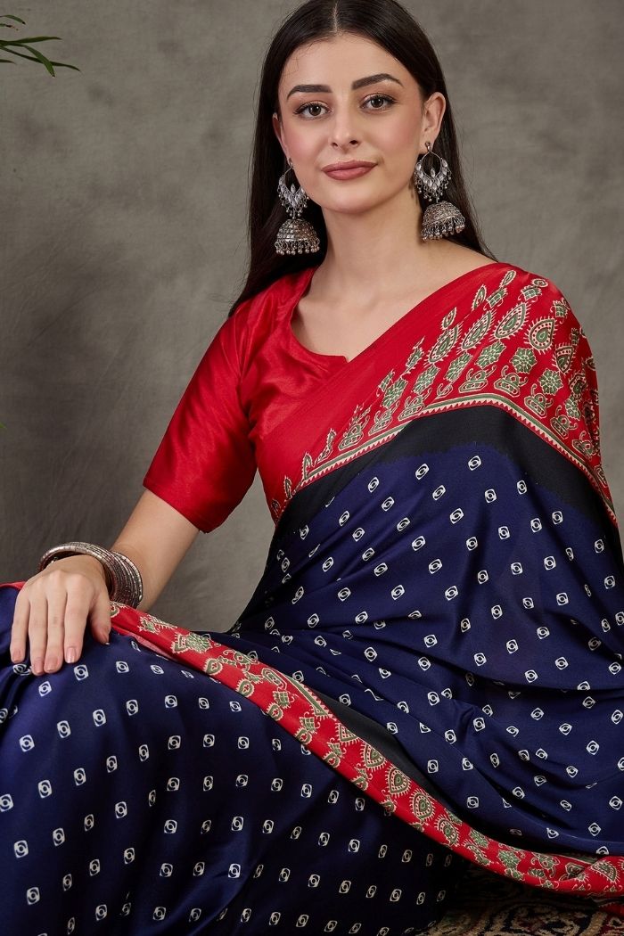 Buy MySilkLove Bismark Blue and Red Ajrakh Printed Satin Gaji Silk Saree Online