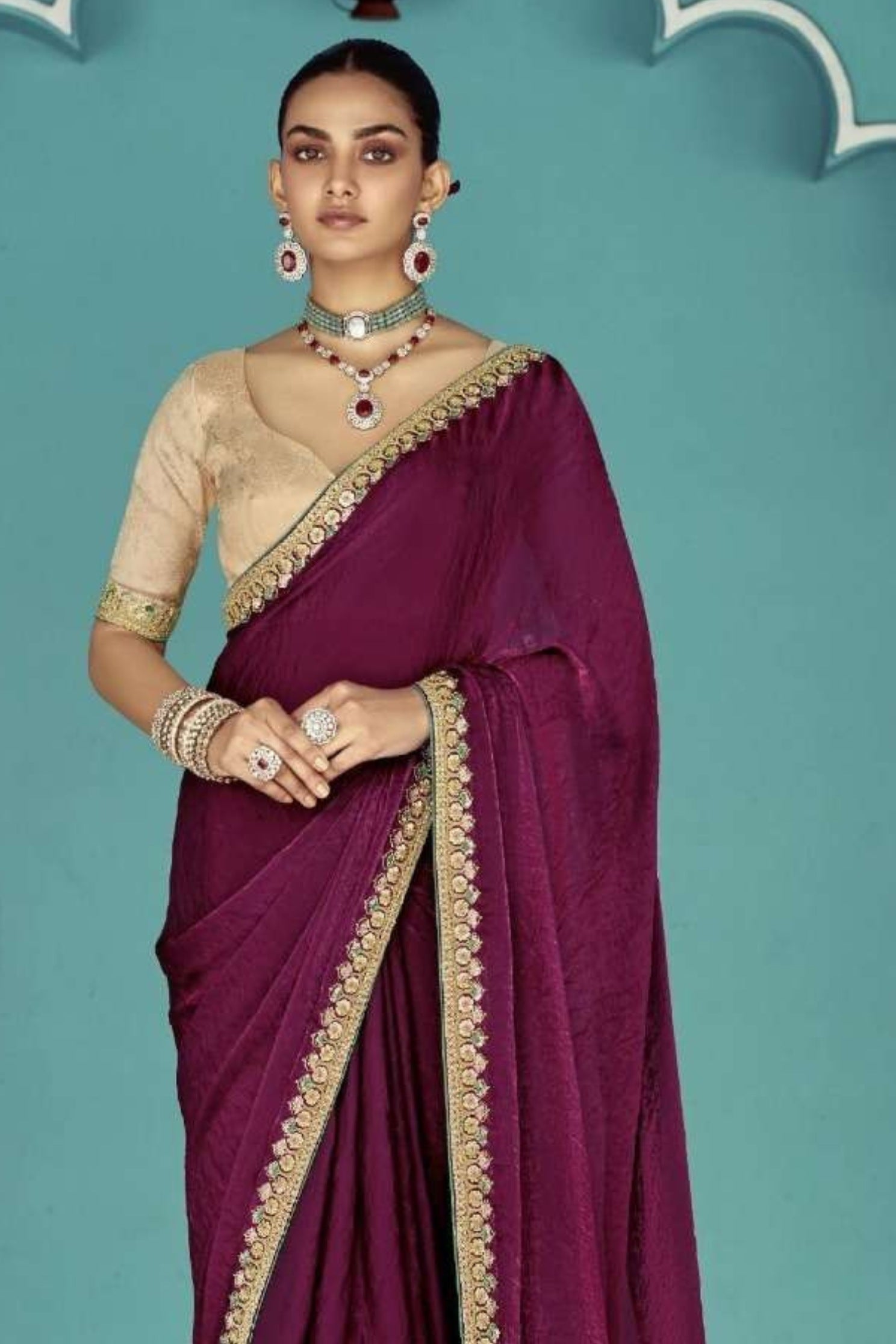 MySilkLove Wine Maroon Embroidered Tissue Designer Saree