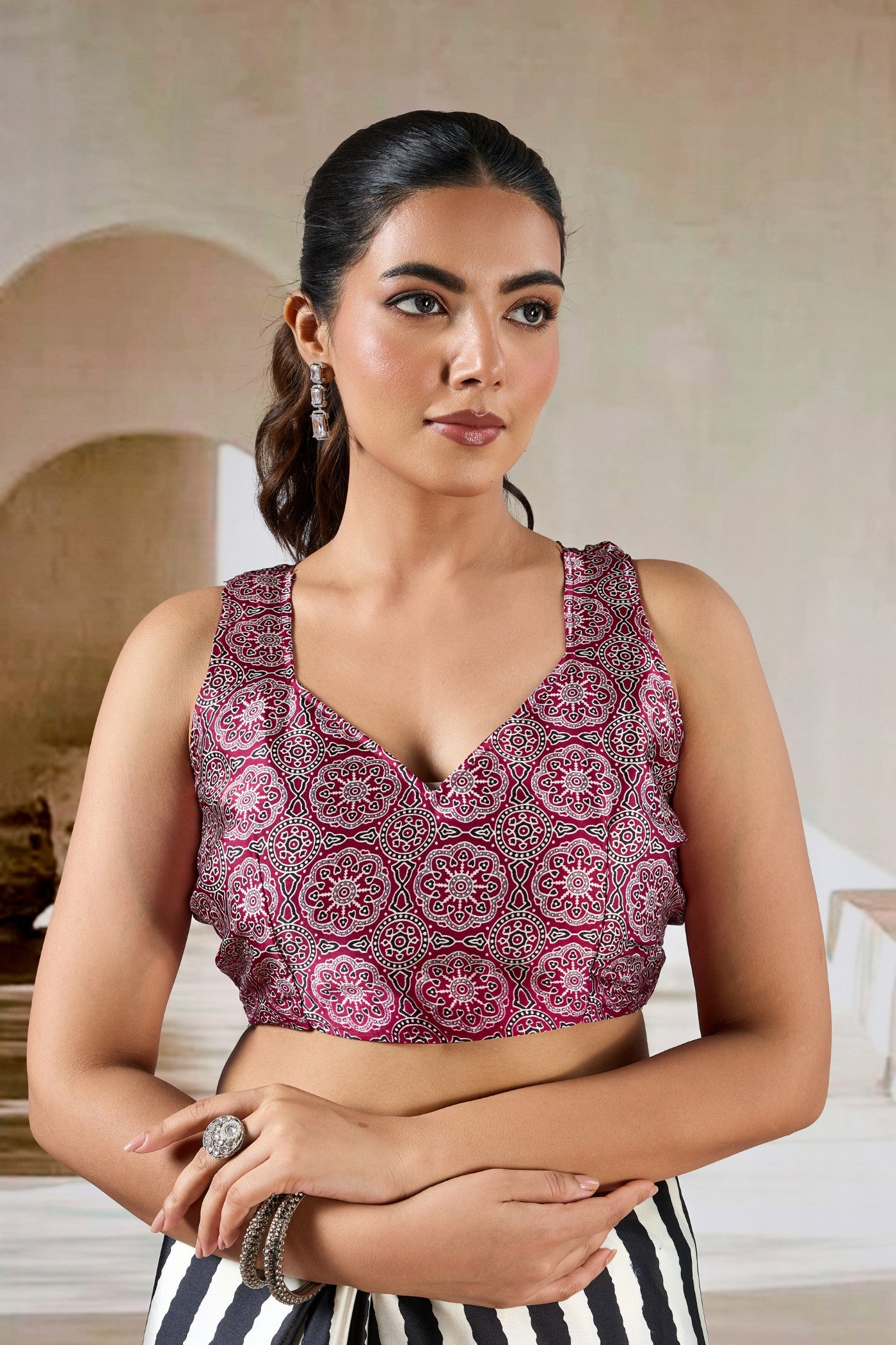 Buy MySilkLove Noir Black Stripe Ajrakh Printed Satin Crepe Silk Saree Online