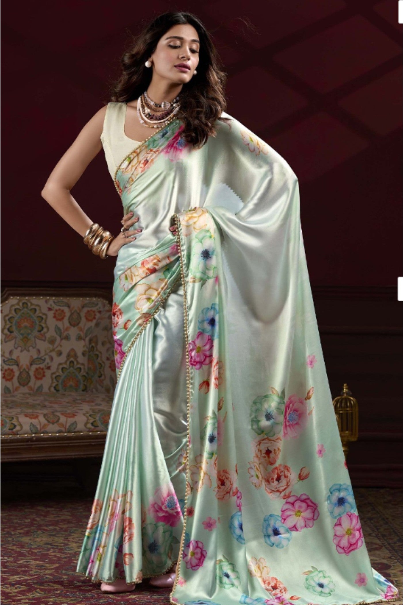 Buy MySilkLove Seafoam Green Floral Printed Satin Silk Saree Online