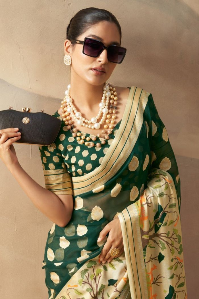 Buy MySilkLove Green Kelp Woven Georgette saree Online