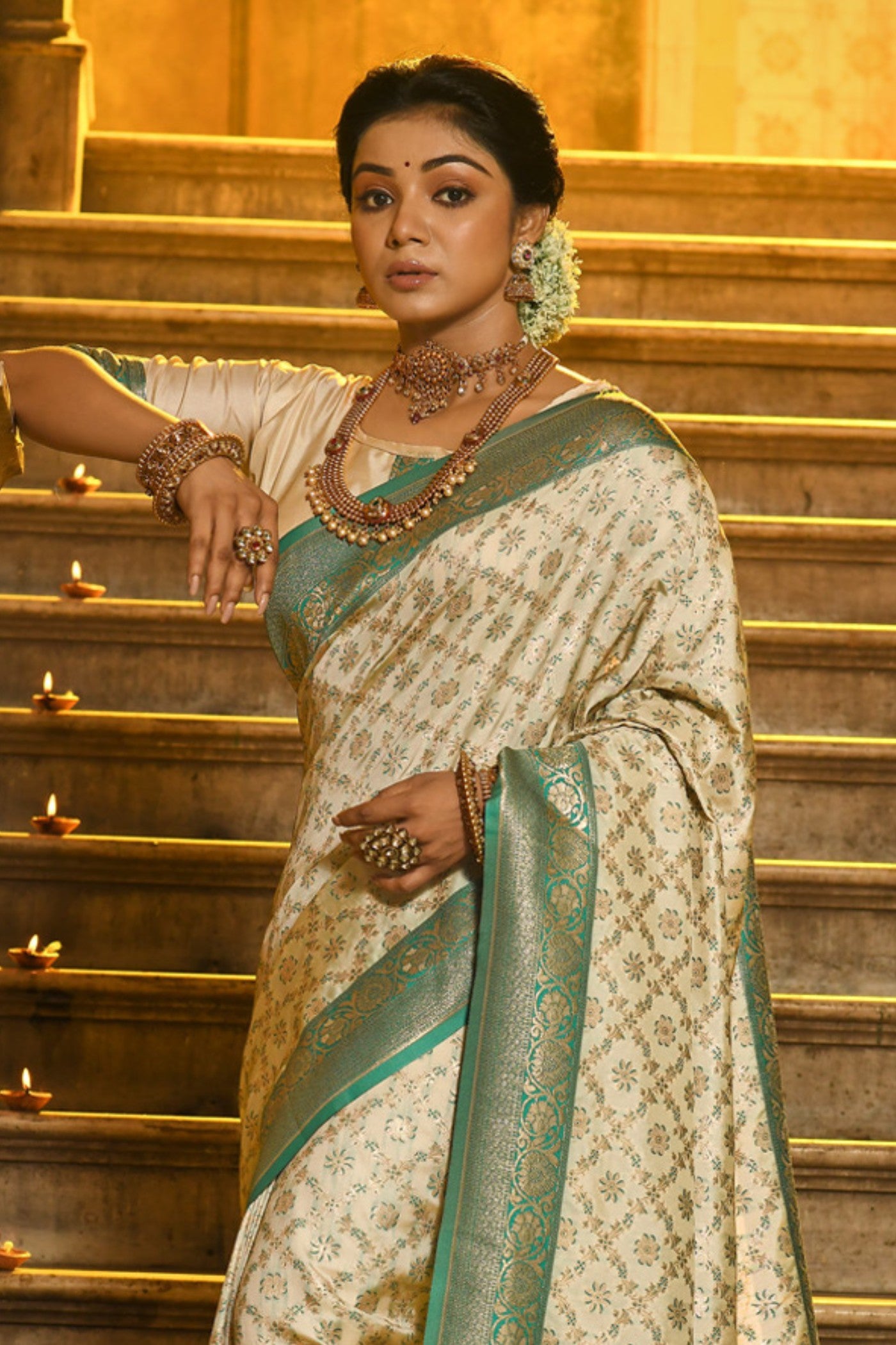 Buy MySilkLove Oyster Cream Woven Banarasi Saree Online