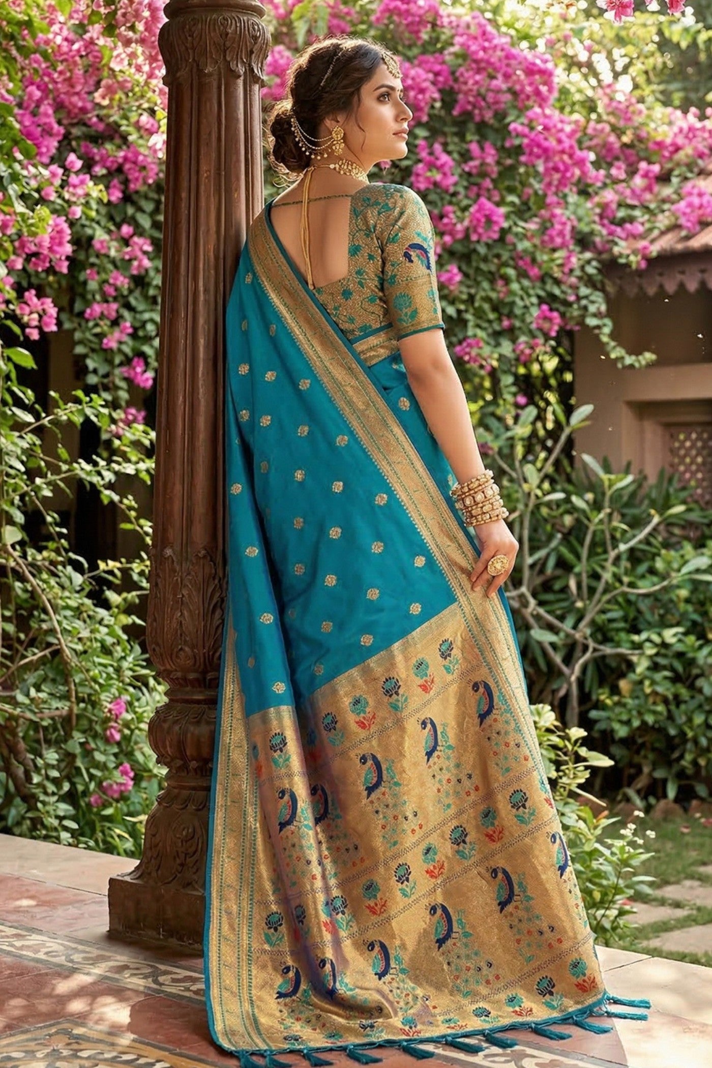 Buy MySilkLove Ocean Blue Zari Woven Paithani Saree Online