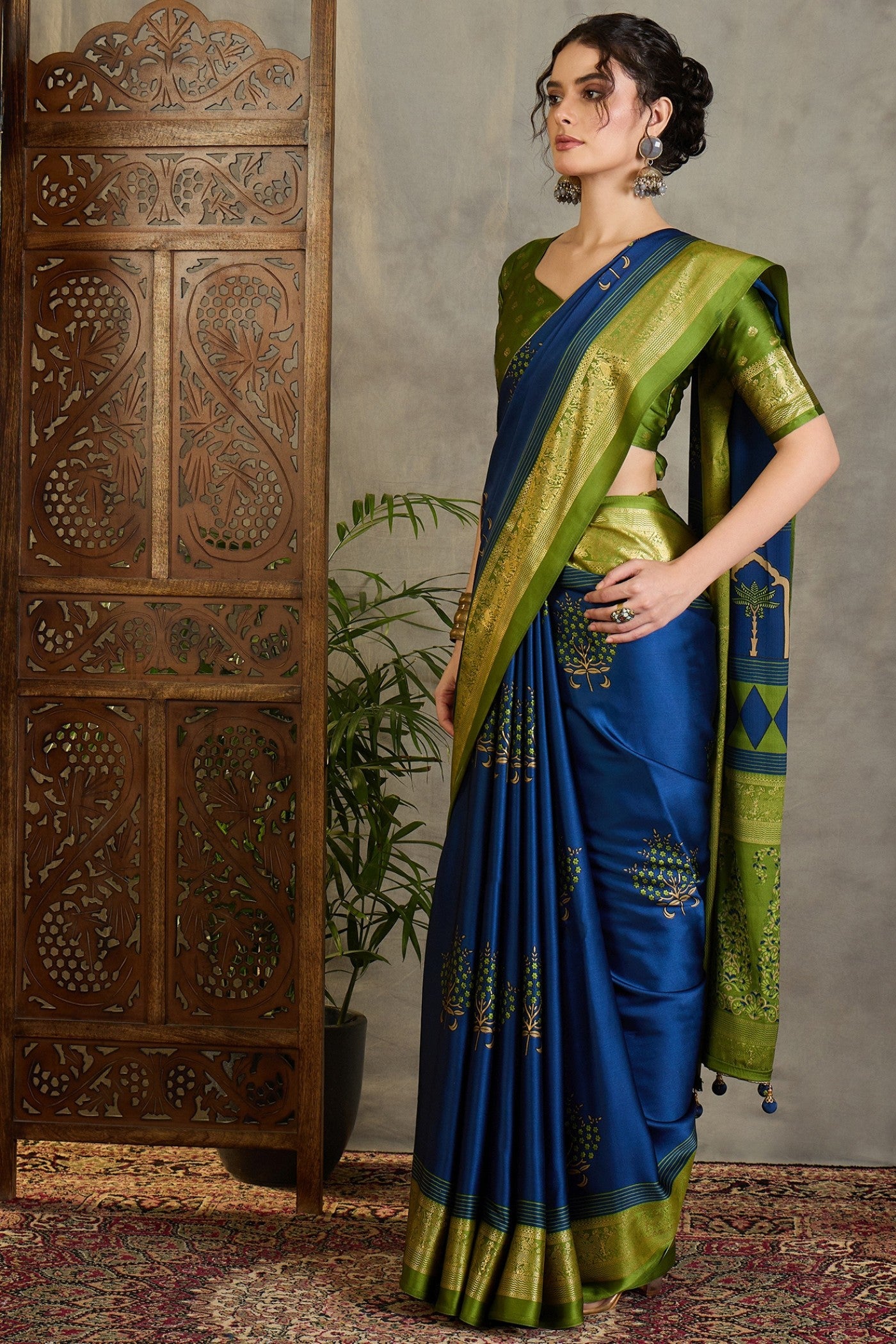 Buy MySilkLove Tidal Blue and Green Printed Satin Crepe Silk Saree Online