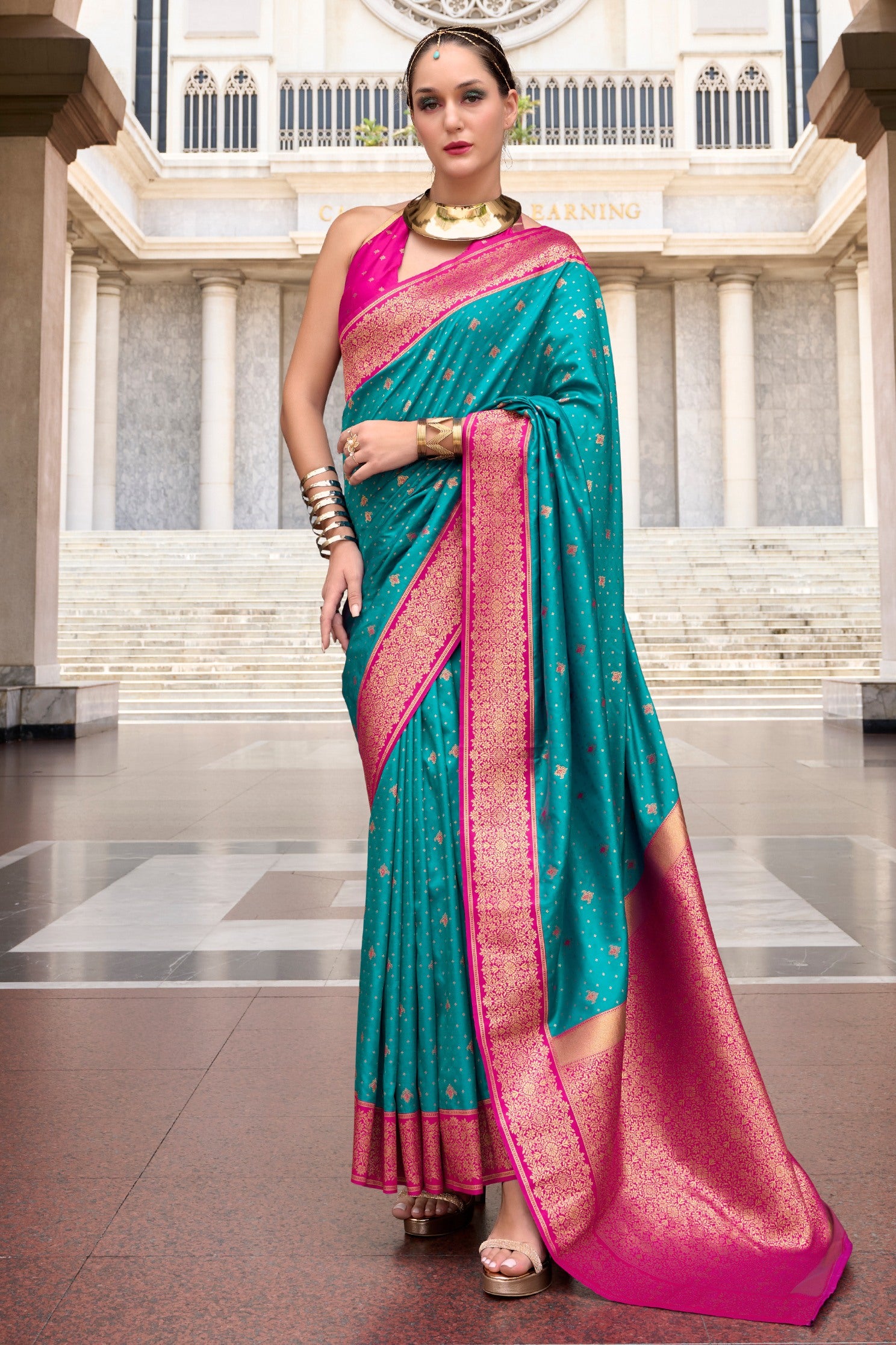 Buy MySilkLove Deep Aqua Blue Zari Woven Banarasi Soft Silk Saree Online