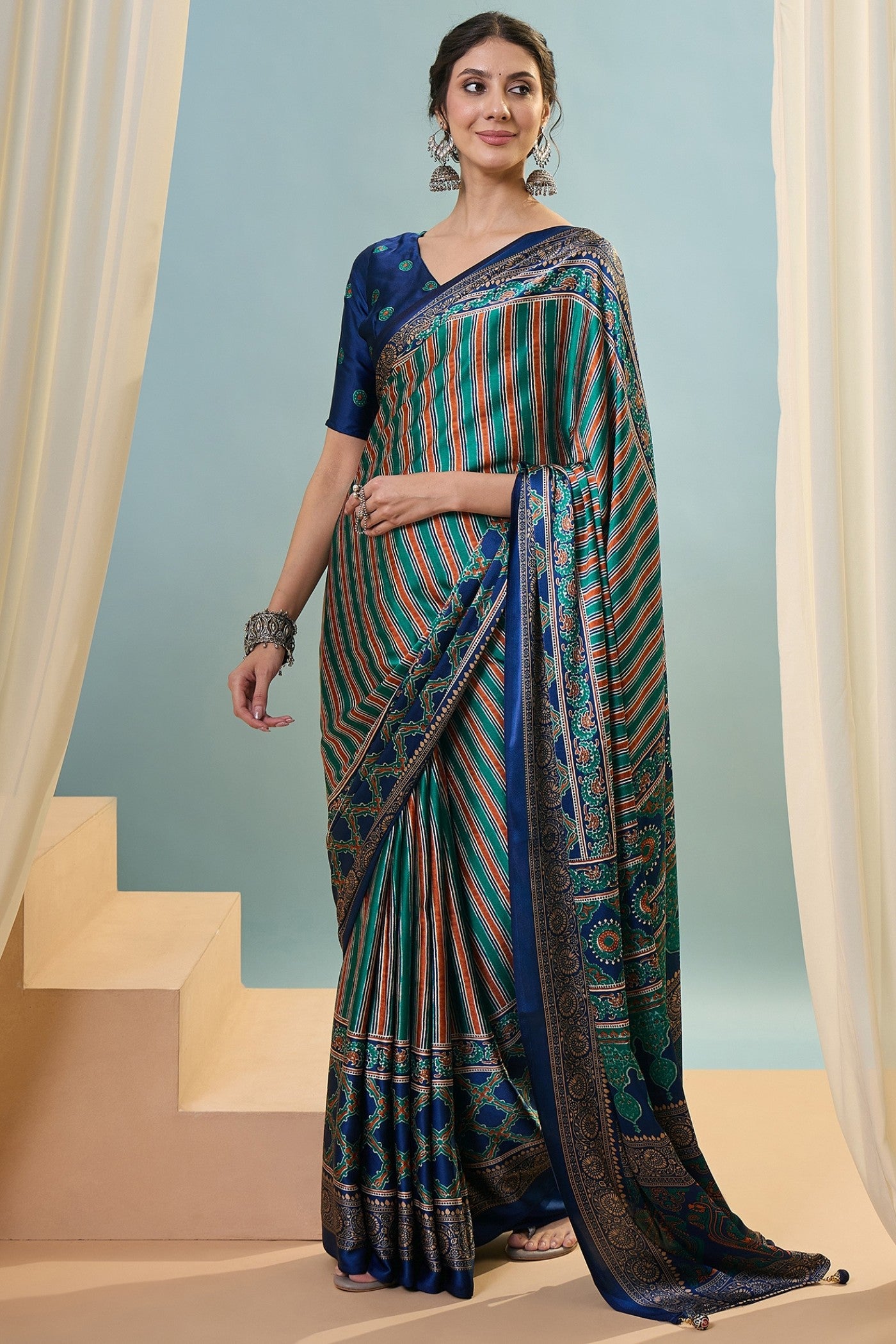 Buy MySilkLove Runic Blue Ajrakh Printed Satin Crepe Silk Saree Online