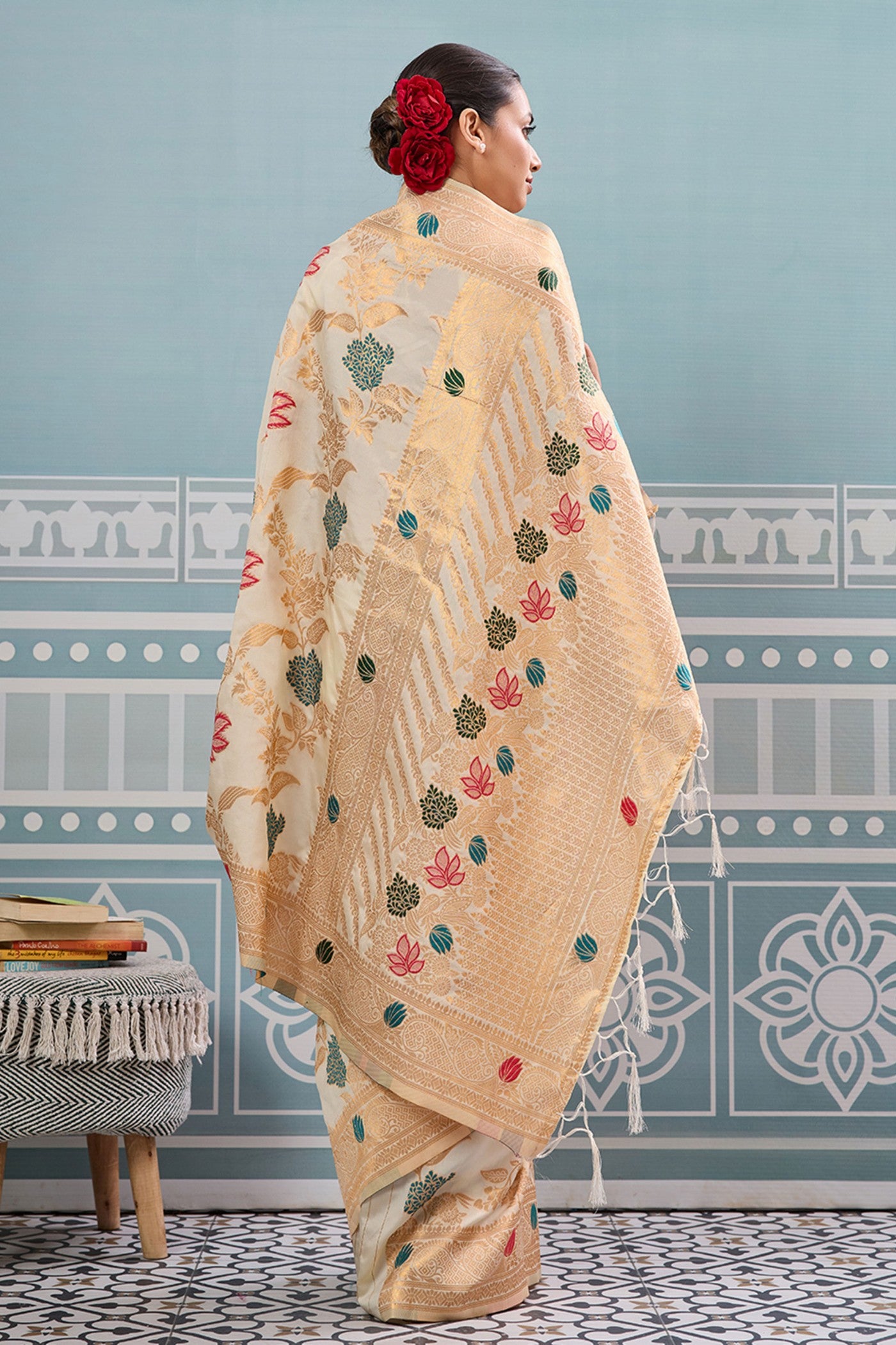 Buy MySilkLove Pueblo Cream Woven Banarasi Saree Online