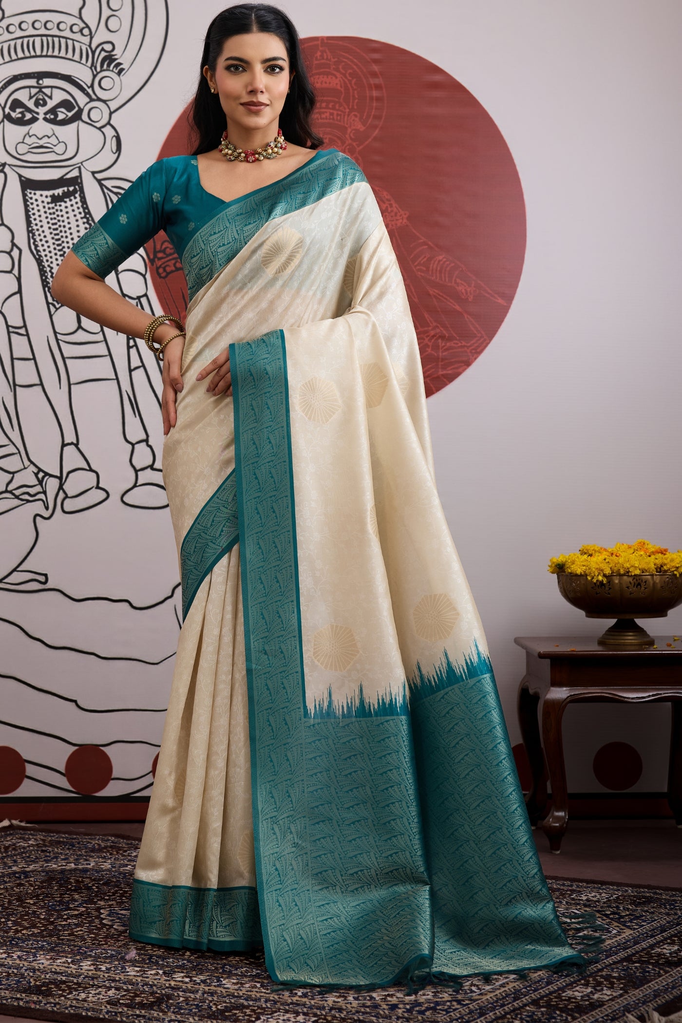 Buy MySilkLove Buttermilk Cream and Blue Handloom South Silk Saree Online