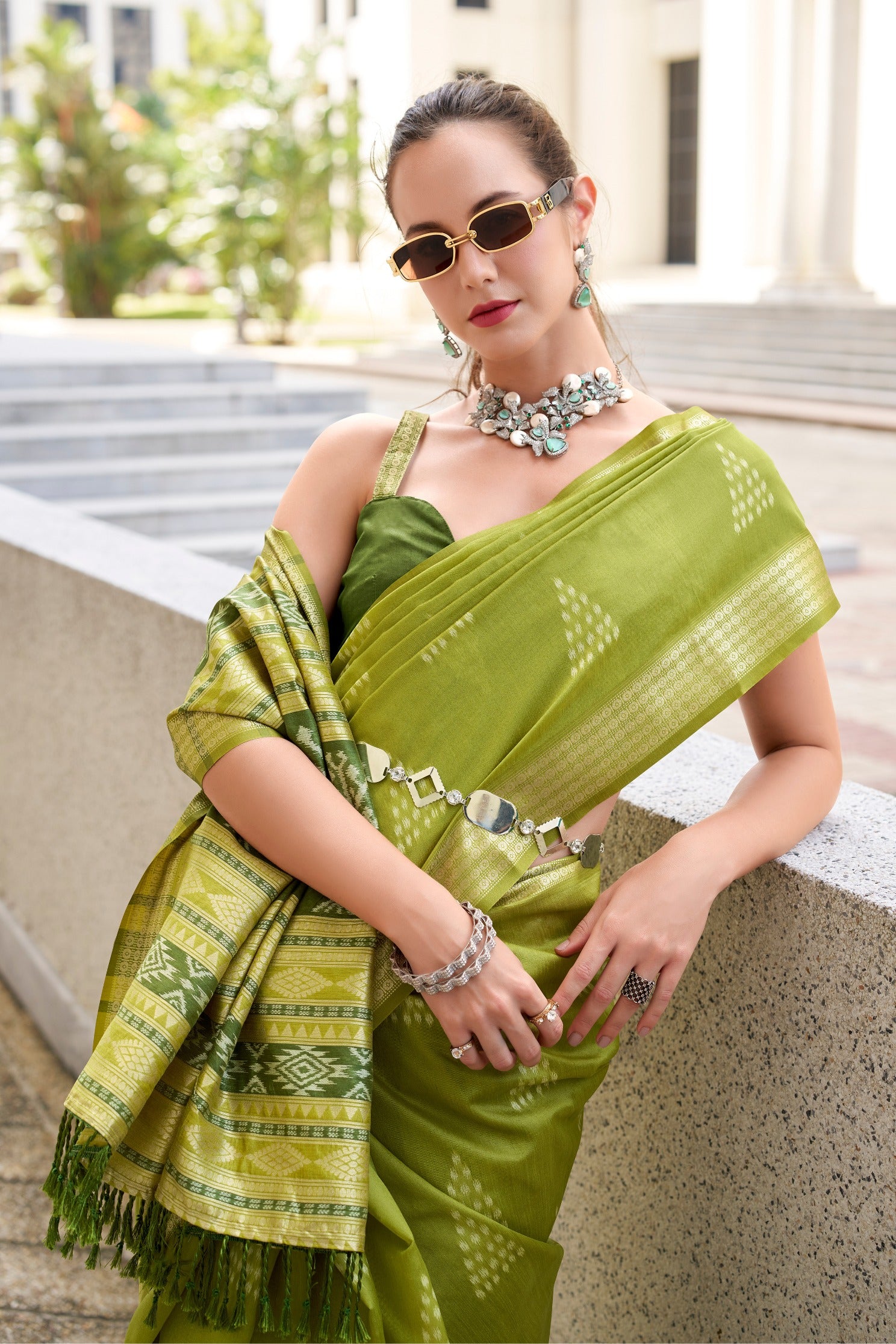 Buy MySilkLove Ceramic Green Ikkat Woven Banarasi Saree Online