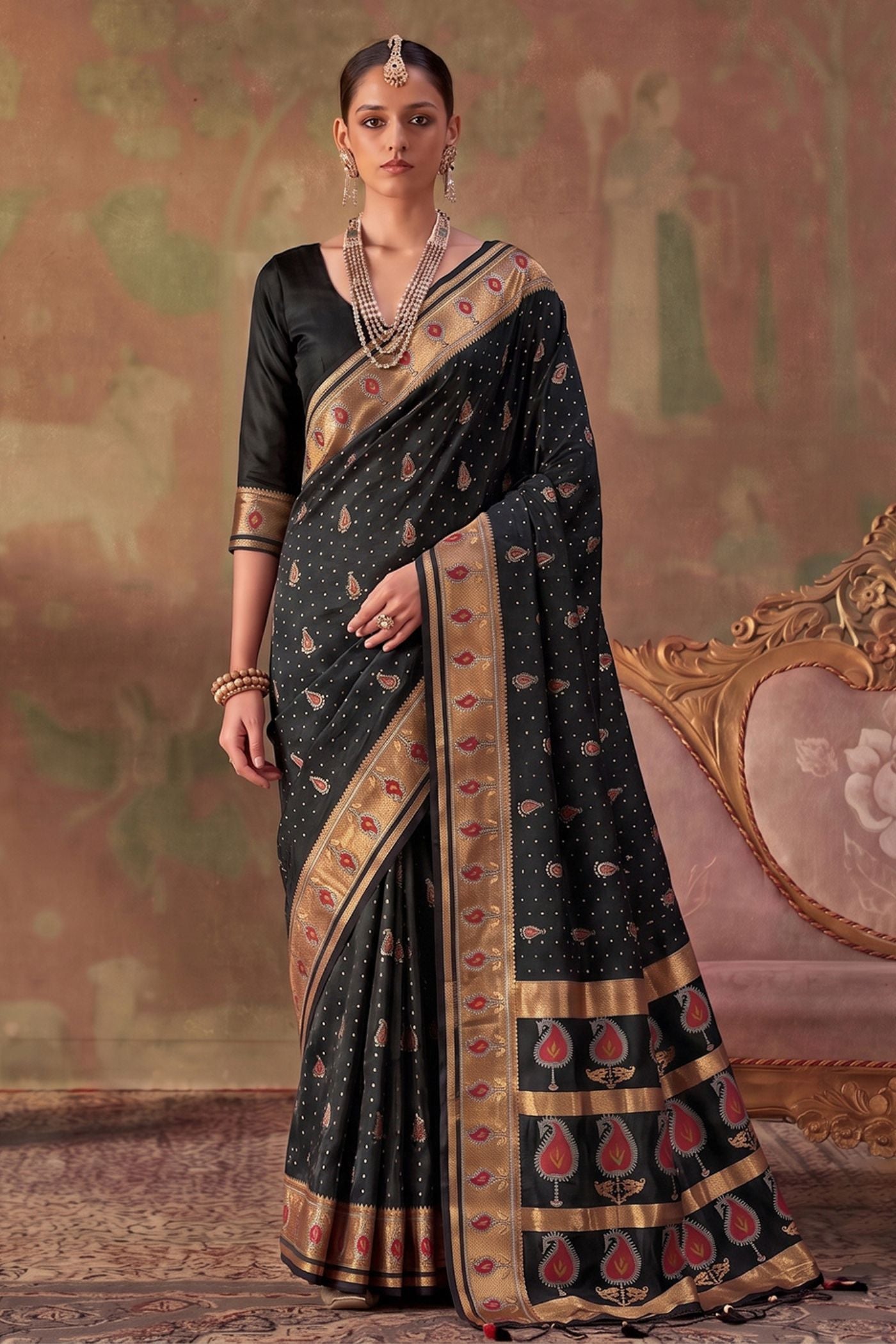 Buy MySilkLove Graphite Black Woven Banarasi Soft Silk Saree Online