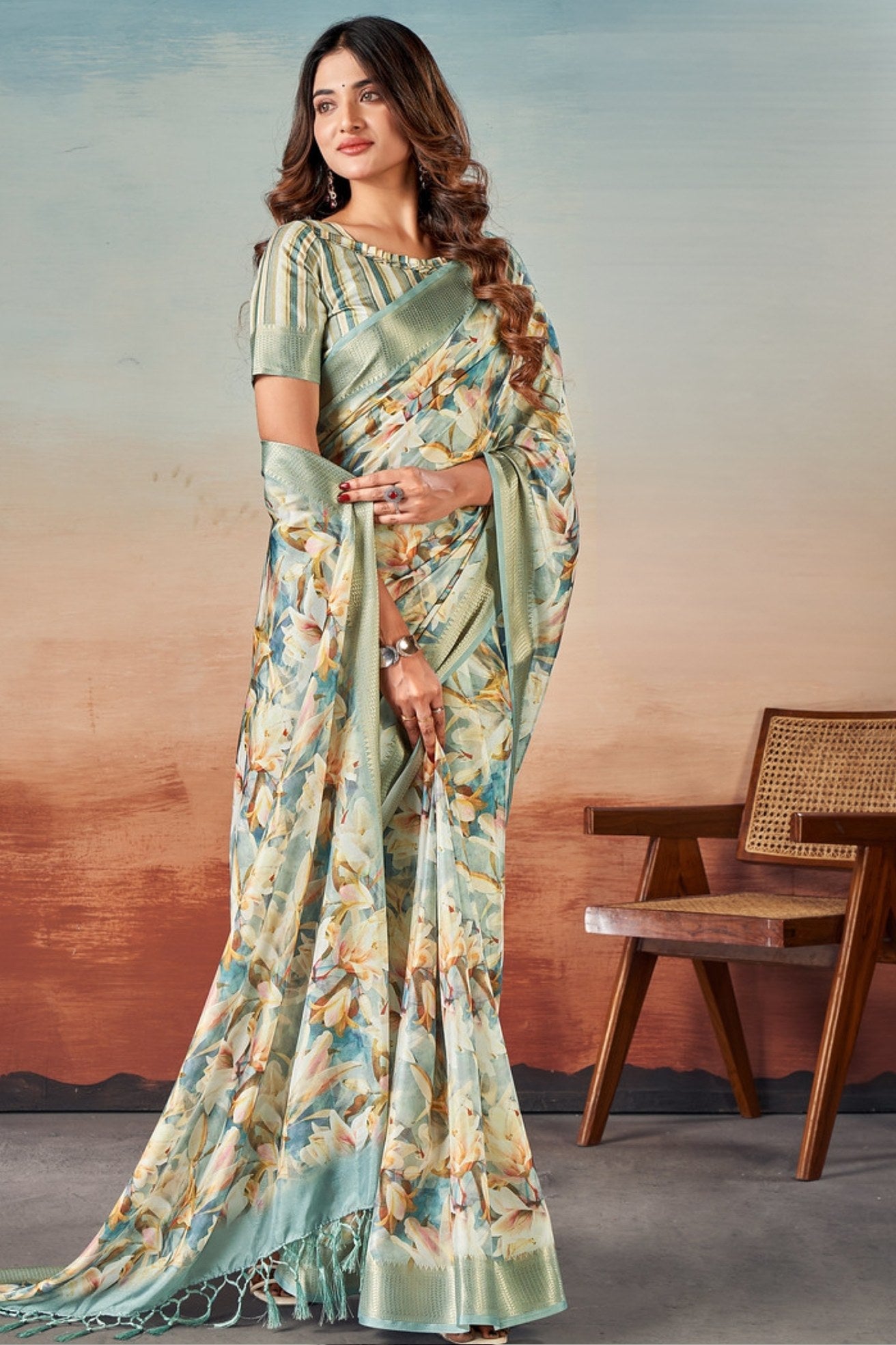 MySilkLove Blue Shades and White Banarasi Digital Printed Saree