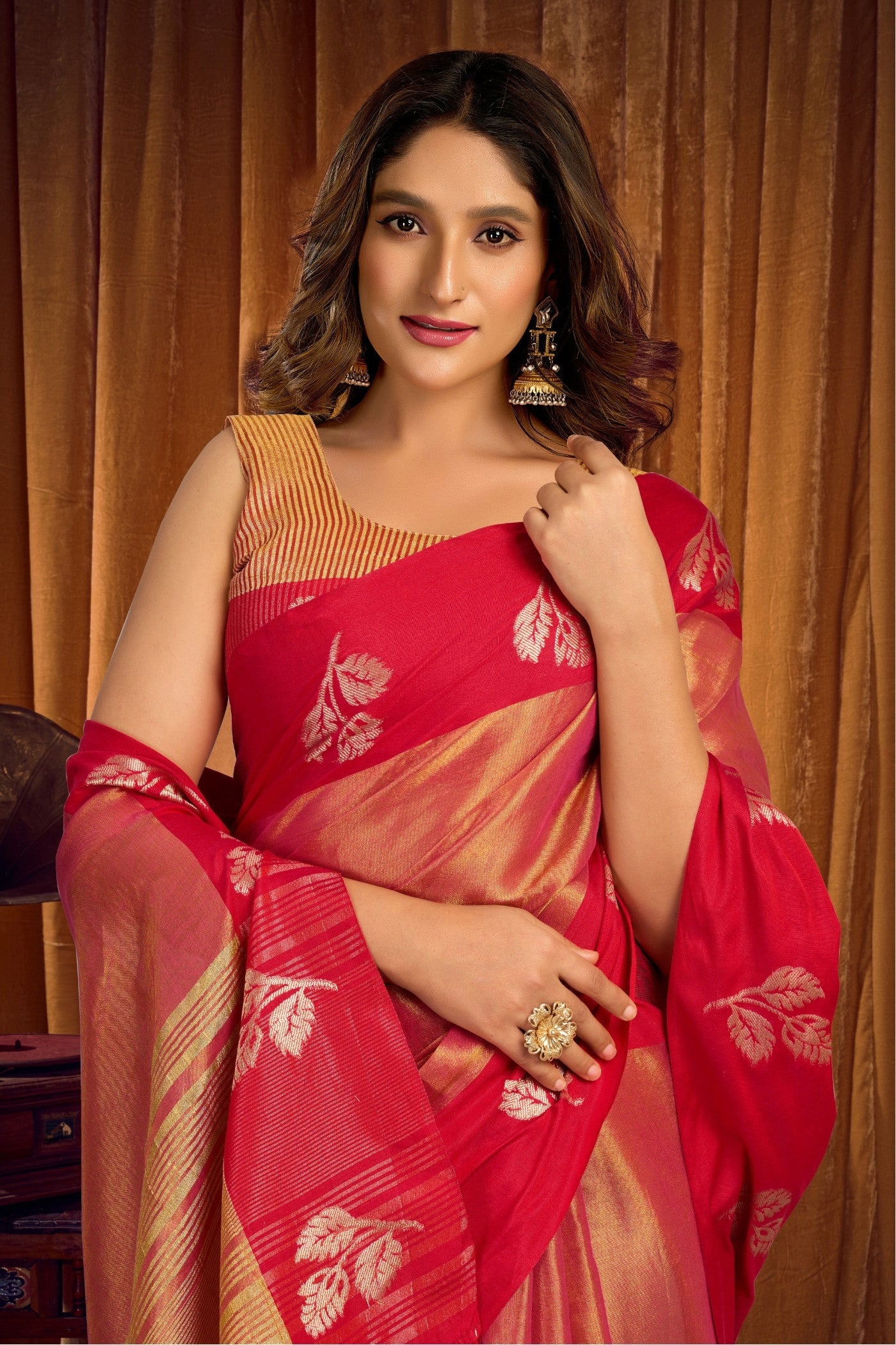 MySilkLove Shiney Peach Woven Tissue Saree