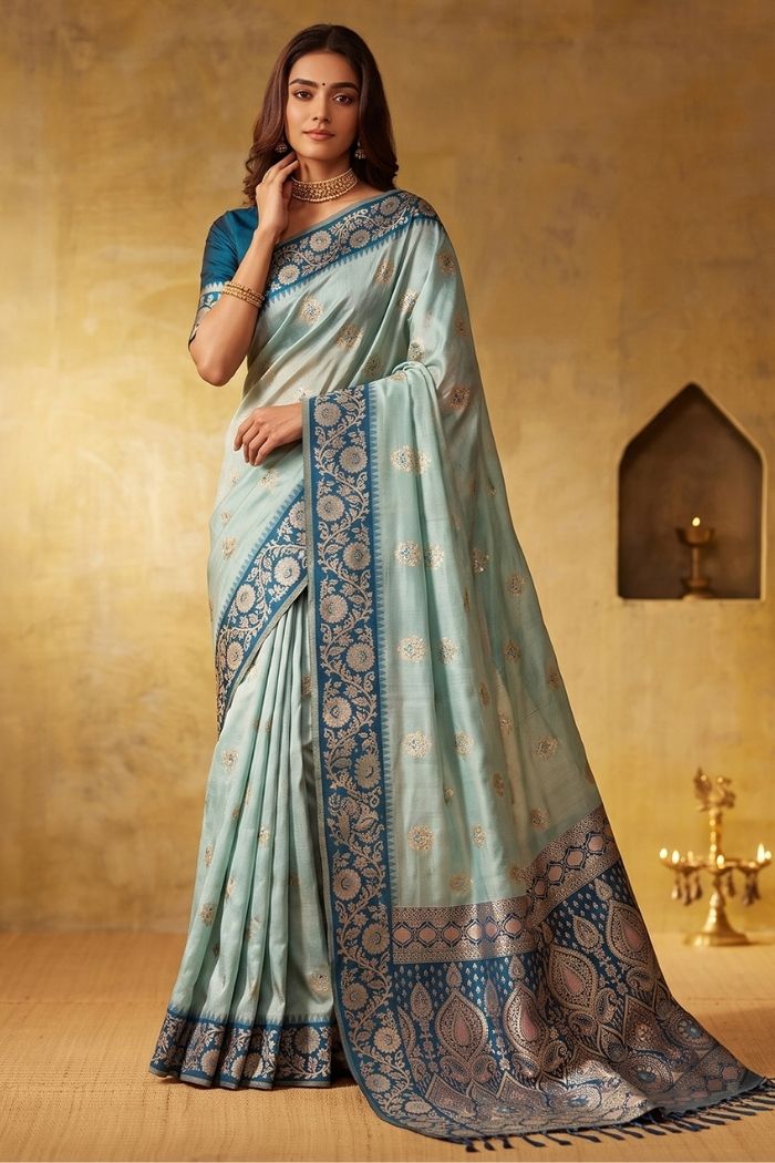 Buy MySilkLove Ice Blue Woven Banarasi Saree Online