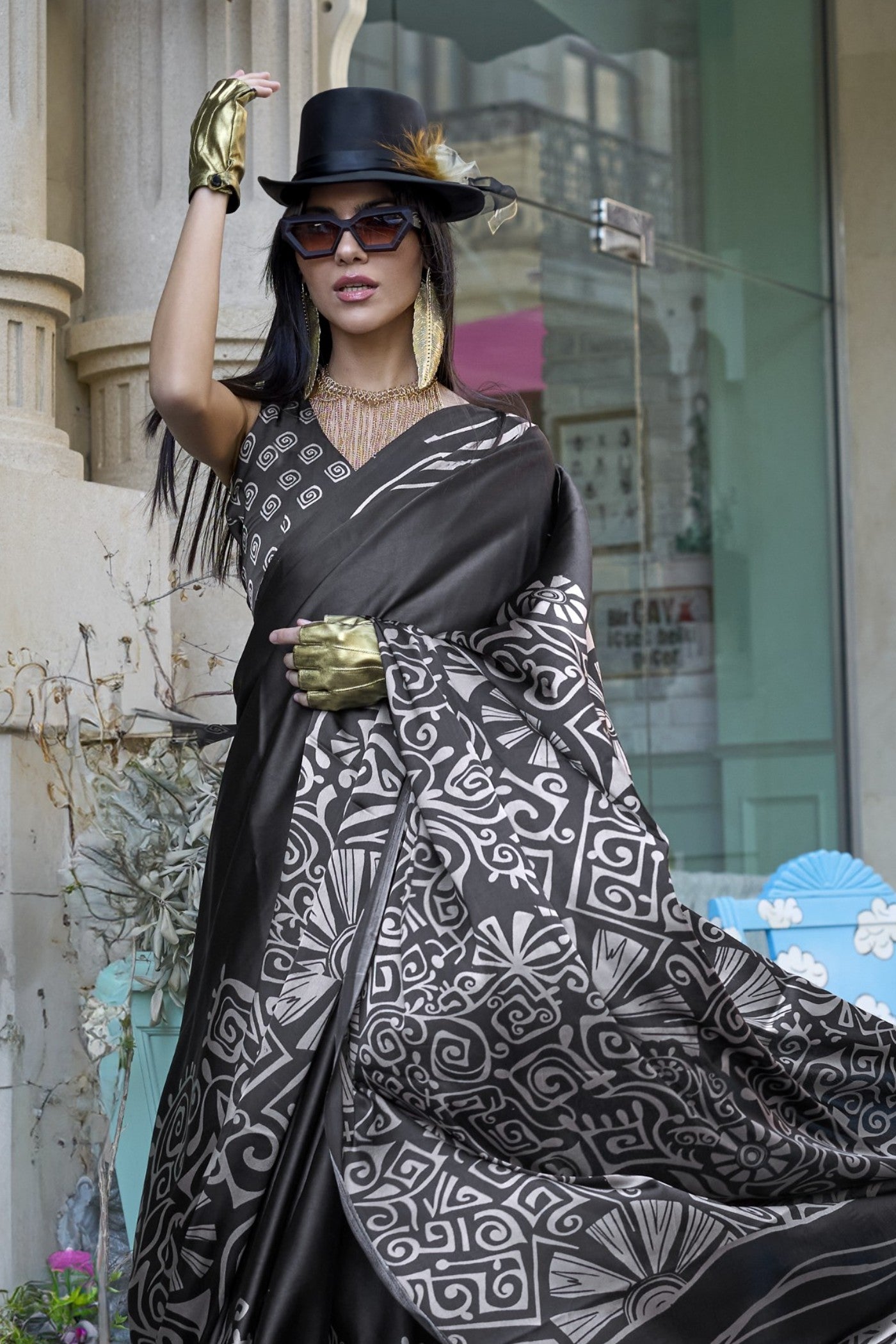 MySilkLove Pitch Black Printed Satin Crepe Silk Saree