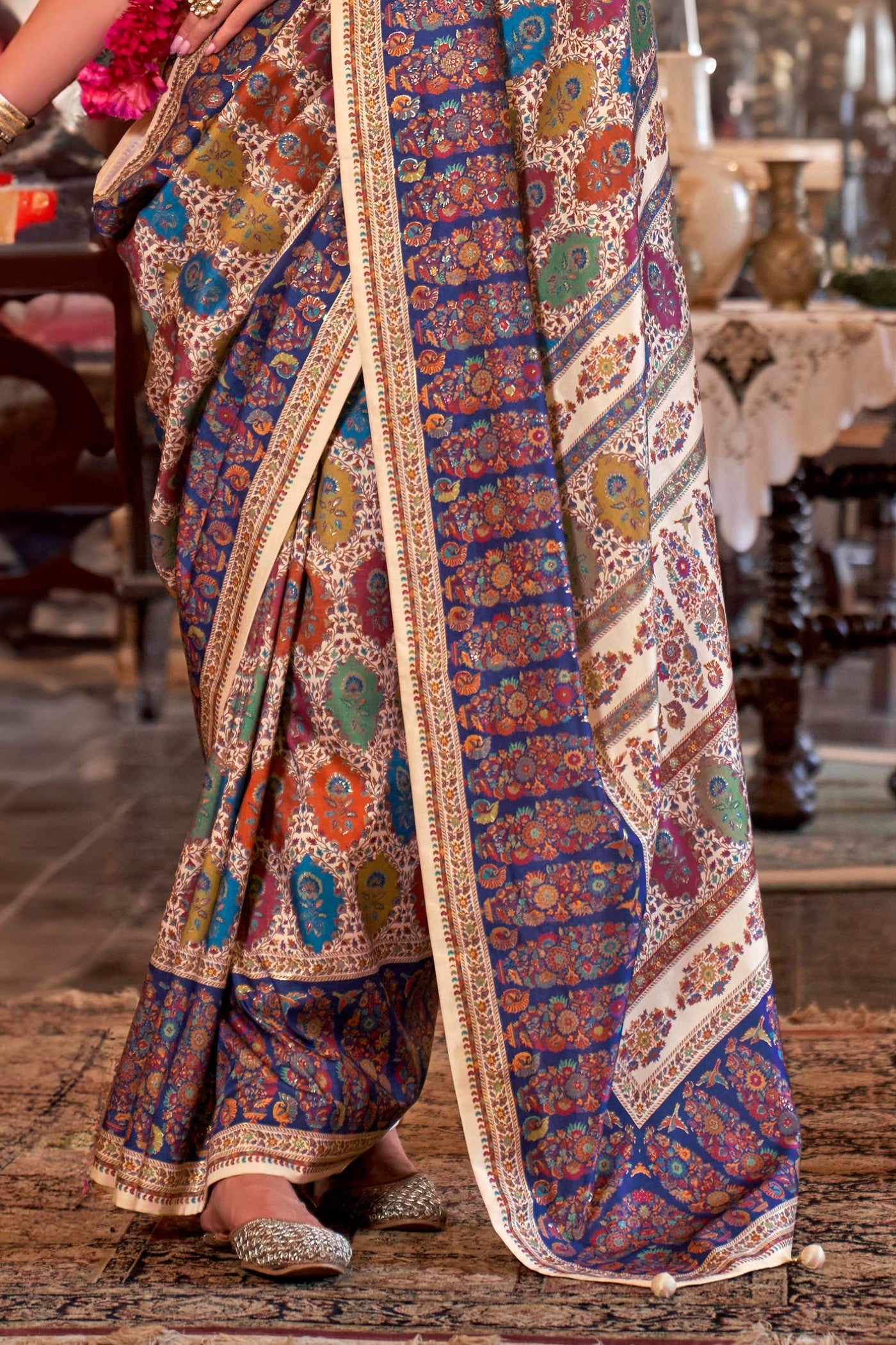 Buy MySilkLove Rodeo Beige and Blue Printed Jamewar Saree Online