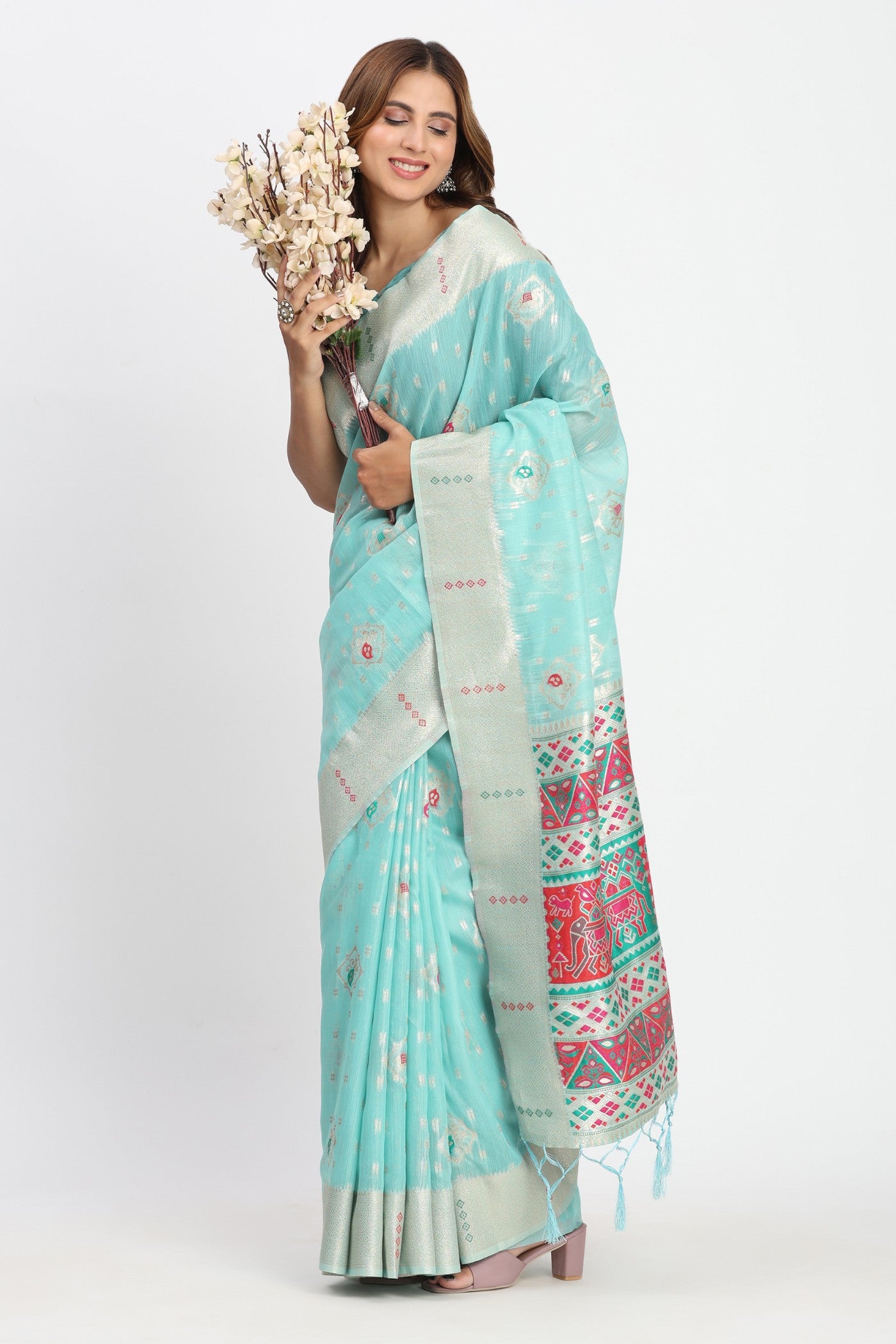 Buy MySilkLove Oeean Blue Woven Linen Cotton Saree Online