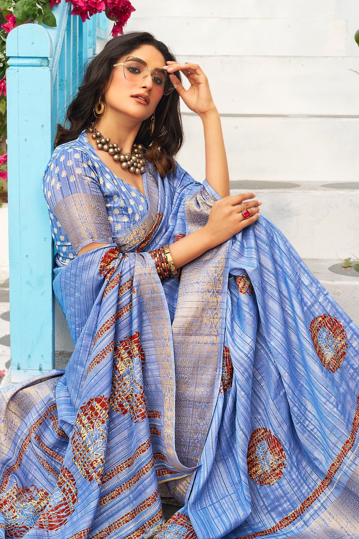 Buy MySilkLove Polo Blue Banarasi Printed Saree Online