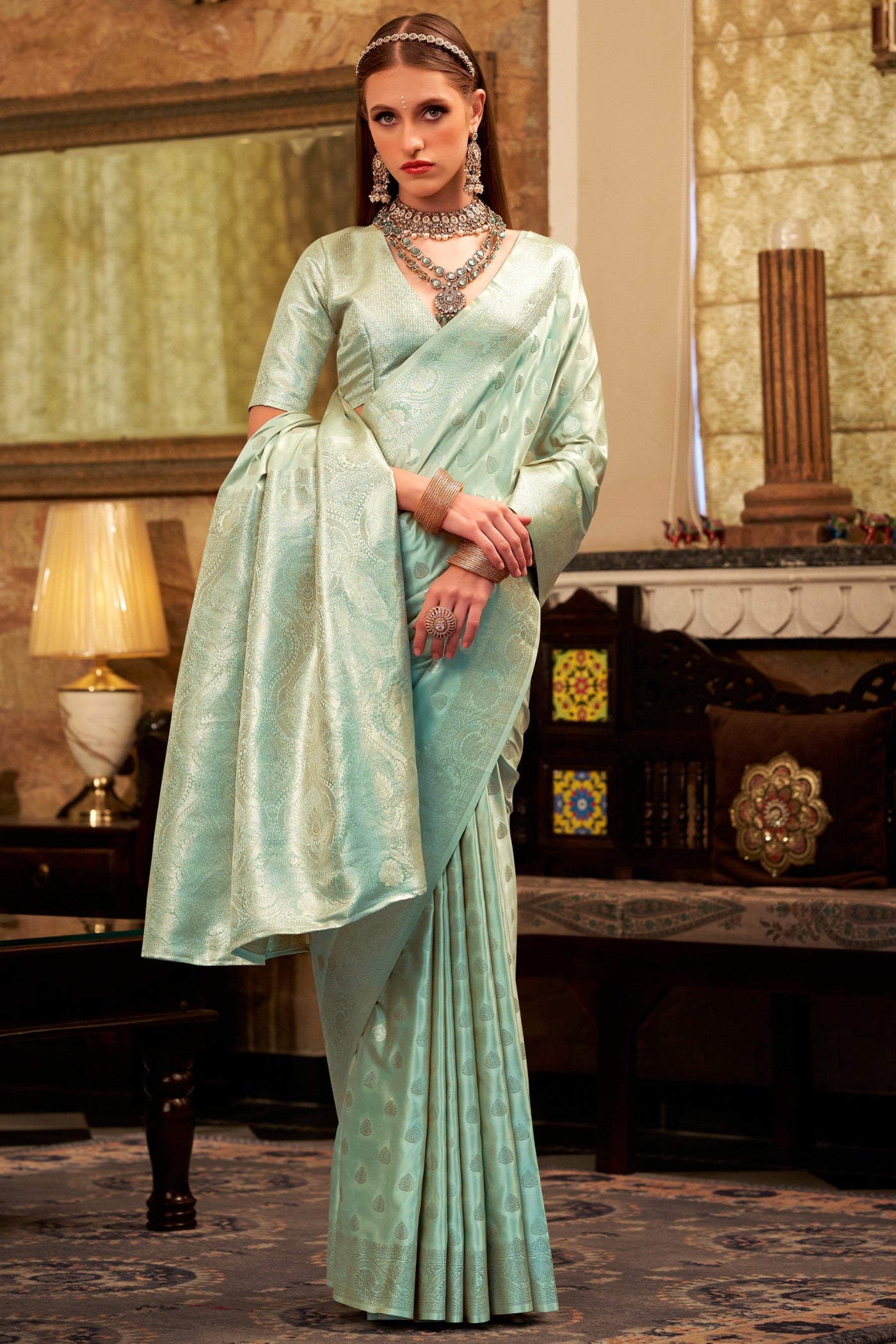 Buy MySilkLove Artichoke Green Woven Banarasi Satin Soft Silk Saree Online