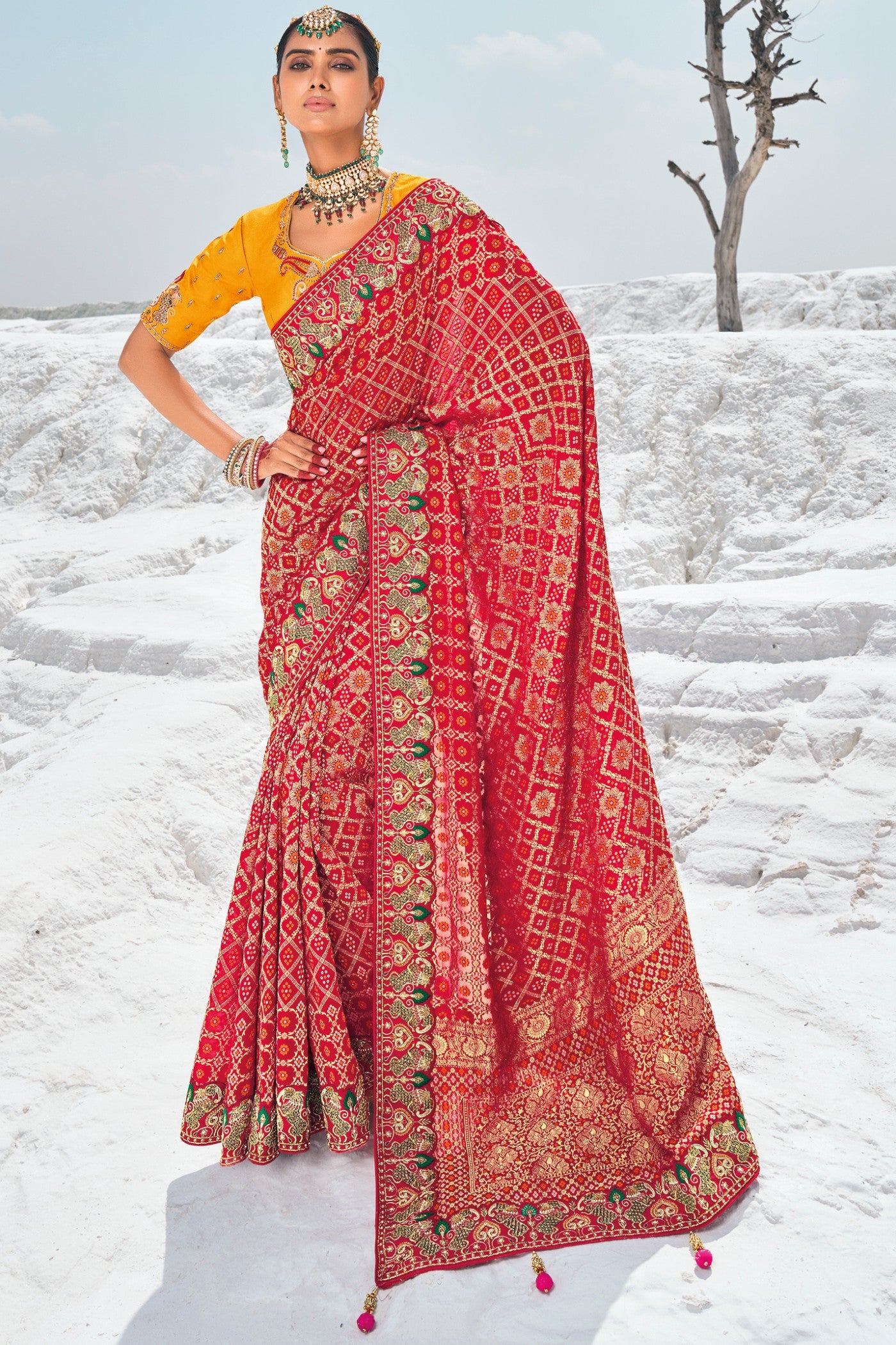 Buy MySilkLove Cherry Red Georgette Patola Saree Online