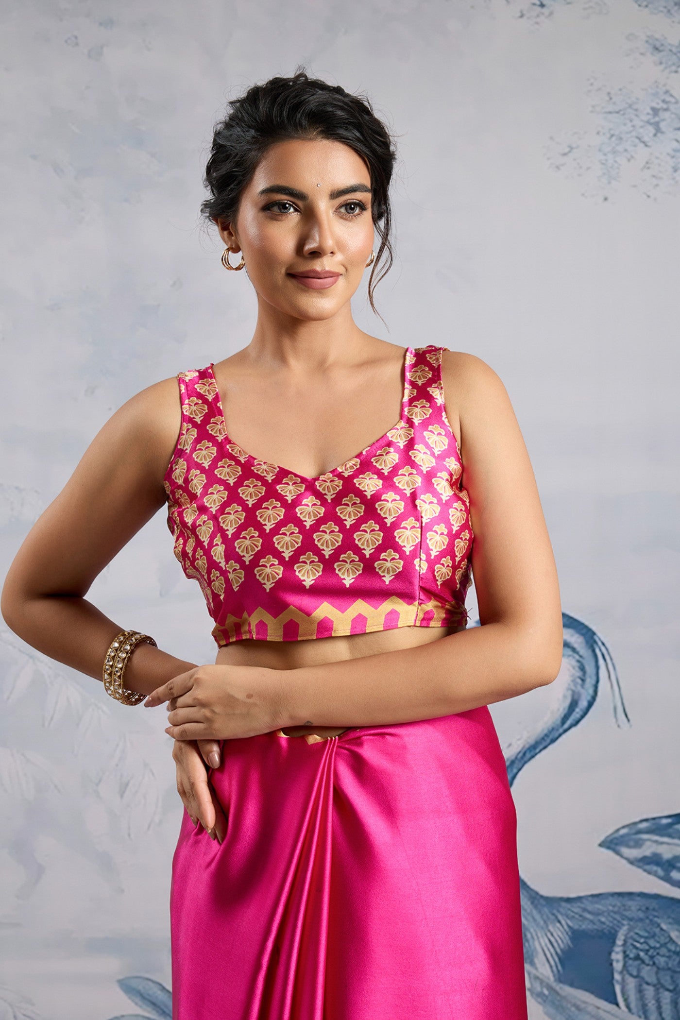 Buy MySilkLove Rani Pink Printed Satin Crepe Silk Saree Online