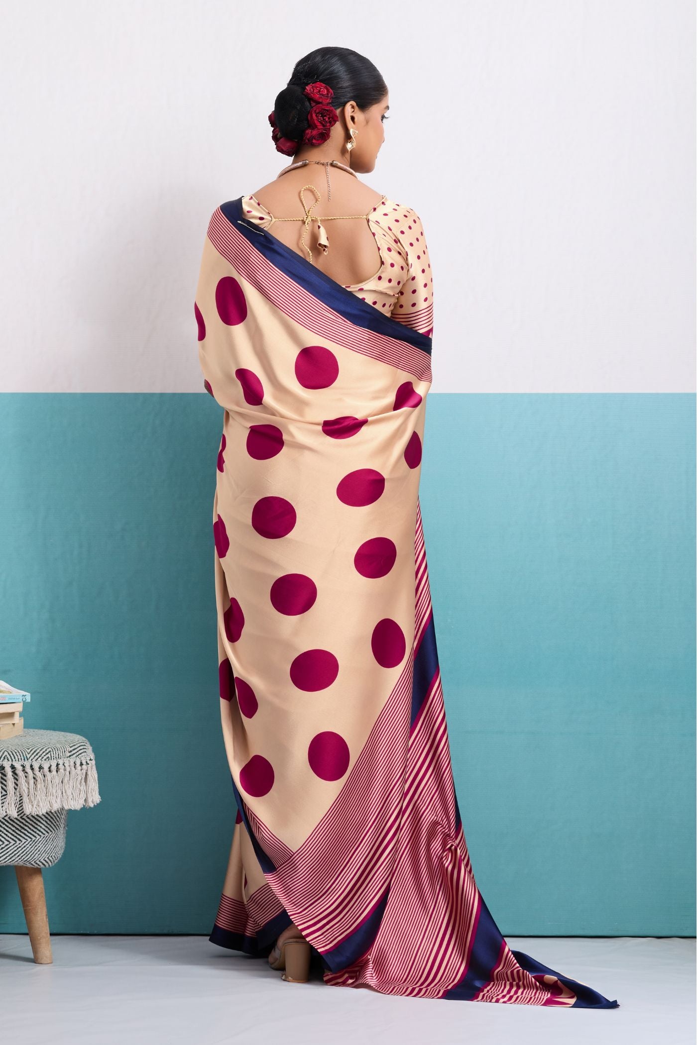 Buy MySilkLove Grace Cream and Pink Polka Dots Satin Crepe Saree Online
