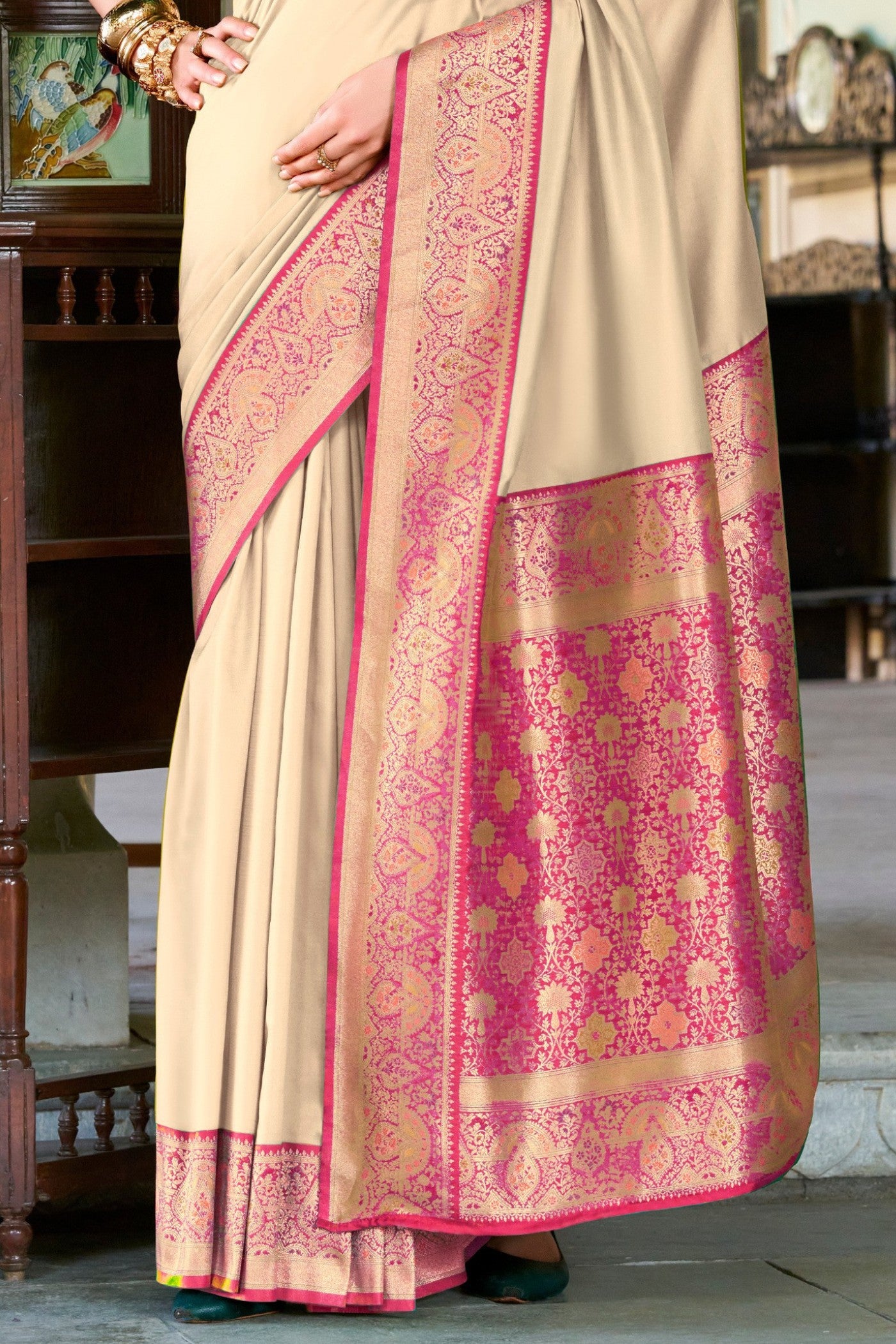 Buy MySilkLove Salt Cream Woven Banarasi Soft Silk Saree Online