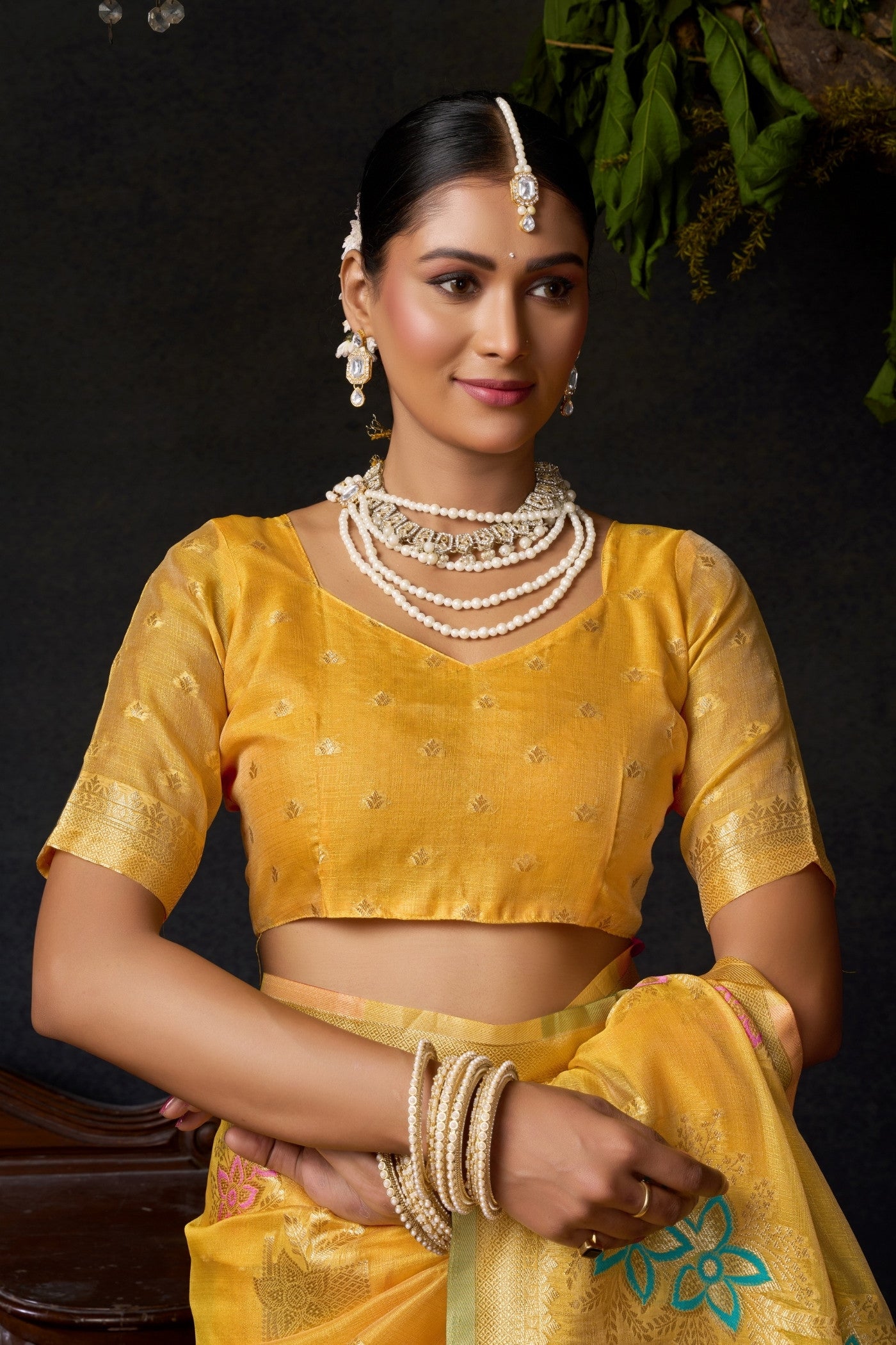 Buy MySilkLove Lemon Yellow Woven Banarasi Organza Saree Online
