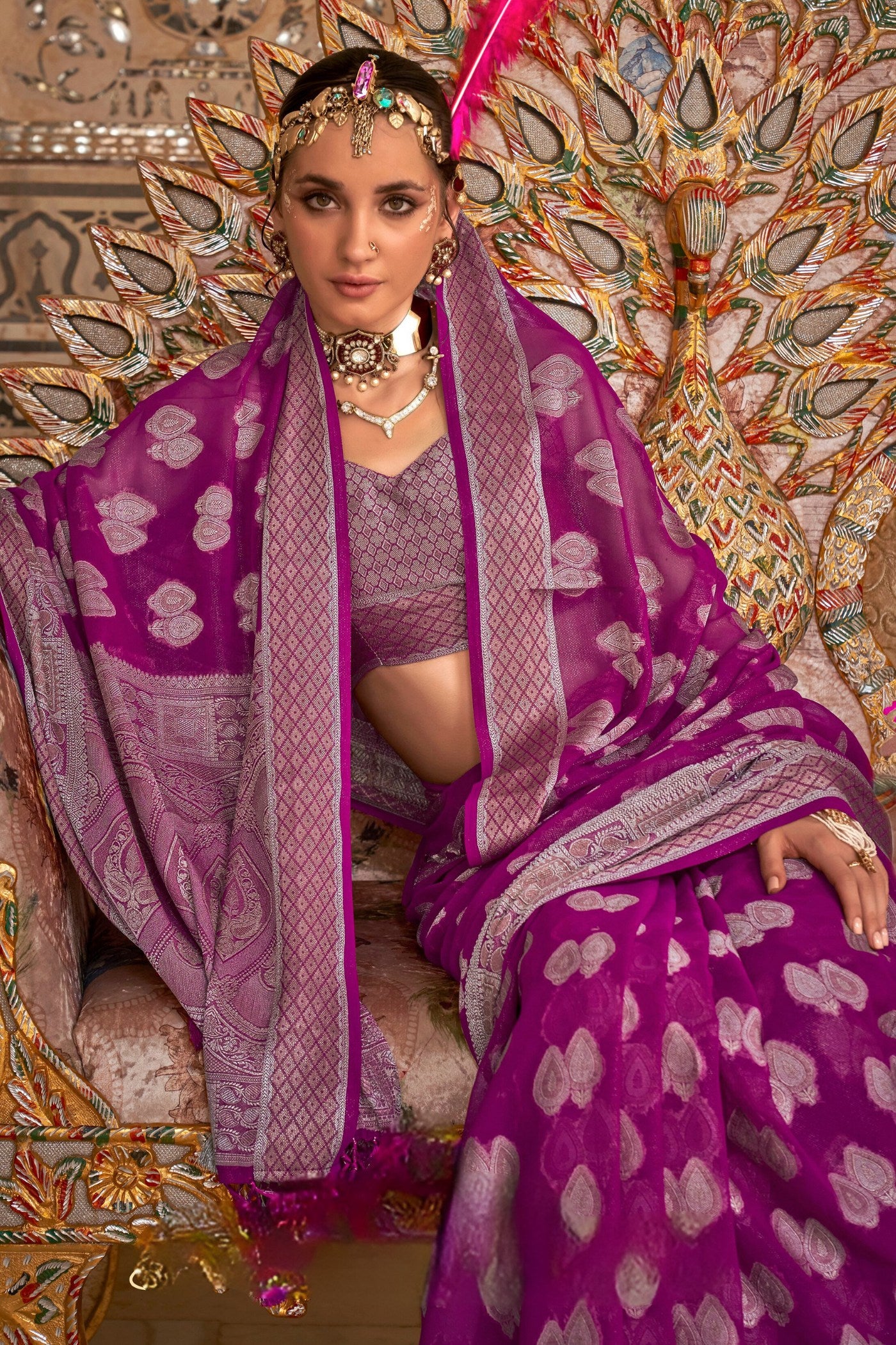 MySilkLove Lolipop Purple Zari Woven Georgette Saree